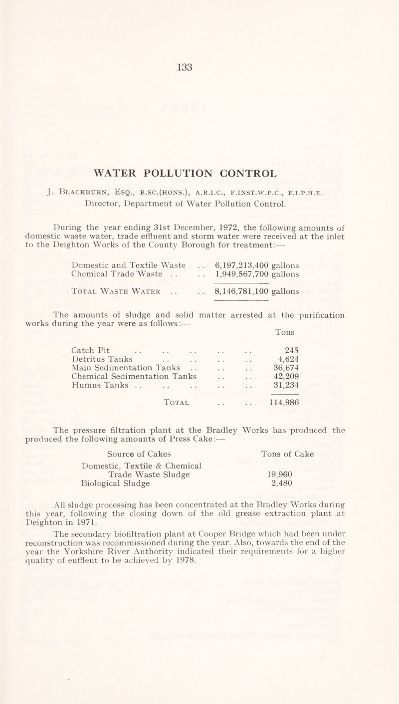 WATER POLLUTION CONTROL J. Blackburn, Esq., b.sc.(hons.), a.r.i.c., f.inst.w.p.c., f.i.p.h.e. Director, Department of Water Pollution Control. During the year ending 31st December, 1972, the following amounts of domestic waste water, trade effluent and storm water were received at the inlet to the Deighton Works of the County Borough for treatment:— Domestic and Textile Waste Chemical Trade'Waste . . 6,197,213,400 gallons 1,949,567,700 gallons Total Waste Water . . 8,146,781,100 gallons The amounts of sludge and solid matter arrested at the purification works during the year were as follows:— Tons Catch Pit Detritus Tanks Main Sedimentation Tanks Chemical Sedimentation Tanks Humus Tanks . . 245 4,624 36,674 42,209 31,234 Total 114,986 The pressure filtration plant at the Bradley Works has produced the produced the following amounts of Press Cake:— Source of Cakes Tons of Cake Domestic, Textile & Chemical Trade Waste Sludge Biological Sludge 19,960 2,480 All sludge processing has been concentrated at the Bradley Works during this year, following the closing down of the old grease extraction plant at Deighton in 1971. The secondary biofiltration plant at Cooper Bridge which had been under reconstruction was recommissioned during the year. Also, towards the end of the year the Yorkshire River Authority indicated their requirements for a higher quality of eufflent to be achieved by 1978.