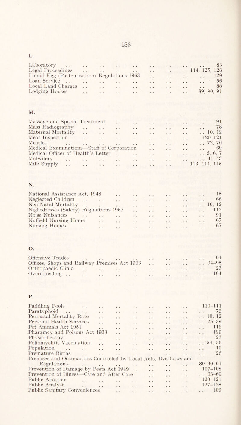 L. Laboratory . . . . . . . . . . . . . . . . . . 83 Legal Proceedings . . . . . . . . . . . . 114, 125, 126 Liquid Egg (Pasteurisation) Regulations 1963 . . . . . . . . 129 Loan Service . . . . . . . . . . . . . . . . . . 56 Local Land Charges . . . . . . . . . . . . . . . . 88 Lodging Houses . . . . , , . . . . . . . . 89, 90, 91 M. Massage and Special Treatment . . . . . . . . . . . . 91 Mass Radiography . . . . . . . , . . . . . . . . 78 Maternal Mortality . . . . . . . . . . . . . . . . 10, 12 Meat Inspection . . . . . . . . . . . . . . 120-121 Measles . . . . , . . . . . . . . . . . . . 72, 76 Medical Examinations—Staff of Corporation . . . . . . . . 69 Medical Officer of Health’s Letter . . . , . . . . . . . . 5, 6, 7 Midwifery . . . . . . . . . . . . . . . . . . 41-43 Milk Supply 113,114,115 N. National Assistance Act, 1948 . , . . . . , . . . . . 15 Neglected Children . . . . . . . . . . . . . , . . 66 Neo-Natal Mortality . . . . . . . . . . , . . . 10, 12 Nightdresses (Safety) Regulations 1967 . , . , . . . . . . 112 Noise Nuisances . . . , . . . . , . . , . . . , 91 Nuffield Nursing Home . . . , . . , . . . , . . . 67 Nursing Homes . . . . . . . . . . . , . . . . 67 O. Offensive Trades . . . . . . , . . . . . . . . . 91 Offices, Shops and Railway Premises Act 1963 . . . . . . . . 94-95 Orthopaedic Clinic . . . . . . . . . . . . . . . . 23 Overcrowding . . . . , . . , . . . . . , . . . . 104 P. Paddling Pools . . , . . . . . . . . , . . 110-111 Paratyphoid . . . . . . . . . . . . , , . . . . 72 Perinatal Mortality Rate . . . . . . , . . . . . . . 10, 12 Personal Health Services . . , . . , . . . . . . . , 25-39 Pet Animals Act 1951 .. .. .. .. .. 112 Pharamcy and Poisons Act 1933 . . , . , . . . . . . . 129 Physiotherapy . . . . . . . , . , . . , . , , 23 Poliomyelitis Vaccination . . . . . . . . . . . . . . 54, 56 Population . . . . . . . , . , . . . , . . . . 10 Premature Births . . , . . , . , . . . , . . . . 26 Premises and Occupations Controlled by Local Acts, Bye-Laws and Regulations . . . . . . . , . . . . . . 89-90-91 Prevention of Damage by Pests Act 1949 . . , . . . . . 107-108 Prevention of Illness—Care and After Care . . . . . . . . 63-69 Public Abattoir . . . . . . . . , . . , . . 120-121 Public Analyst . . . . . . . . . . . , . . 127-128 Public Sanitary Conveniences . . , . . . . . . , . . 109