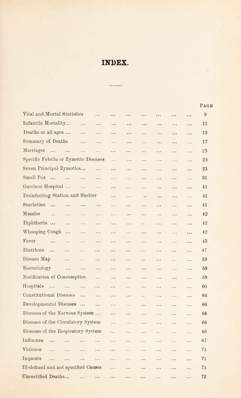 INDEX. Vital and Mortal Statistics Infantile Mortality... Deaths at all ages ... Summary of Deaths Marriages ... Specific Febrile or Zymotic Diseases Seven Principal Zymotics... Small Pox ... Garrison Hospital ... Disinfecting Station and Shelter Scarlatina ... . Measles . Diphtheria ... Whooping Cough ... Fever Diarrhoea Disease Map Bacteriology Notification of Consumption Hospitals Constitutional Diseases Developmental Diseases ... Diseases of the Nervous System ... Diseases of the Circulatory System Diseases of the Respiratory System Influenza Violence Inquests . Ill-defined and not specified Causes Uncertified Deaths...