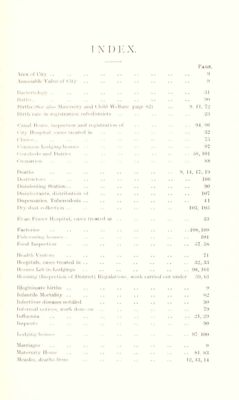 i n D j: x. Area of City .. Assessable Value of City Bacteriology . . Baths. . Births (See also Maternity and Child Welfare, page li'_ Birth rate in registration sub-districts Canal Boats, inspection and registration ol City Hospital, cases treated in t hides. . Common Lodging-houses Cowsheds and Dairies Creniat ion Deaths 1 Jest met ors Disinfecting Station. . Disinfectants, distribution of Dispensaries, Tuberculosis Drv dust collection . . Evan Fraser Hospital, eases treated at Factories Fish-curing houses. . . . Food Inspection Healt h Visitors Hospitals, cases treated in . . Houses Let-in-Lodgings . . Housing (Inspection of District) Bcgulat Illegitimate births .. Infantile Mortality Infectious diseases notified Informal notices, work done on Influenza Inquests Lodging houses Marriages Maternity Home Measles, deaths from mis, work ea Taok. it it :n oo it. ed out undi !>4, 0(> 32 75 !>7 58, 101 88 0, if, 17, lit 100 00 107 4 1 lit:}, iob 33 . 108, It tit ltd . 37, 58 . 32, 33 . 08,101 50, til 0 02 30 70 . 21,20 00 . 07, 100 0 . 81. 83 12, 13, 14