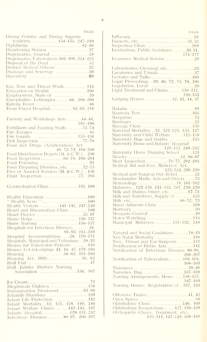 PAGE Dining Centres and Dining Superin¬ tendents.154- 155, 247- 249 Diphtheria .82-88 Disinfecting Station 37 Dispensaries, General 28 Dispensaries,Tuberculosis 103 -108, 224 -225 Disposal of the Dead .52 District Medical Officers .32 Drainage and Sewerage .36 Dysentery . 89 Ear, Nose and Throat Work.113 Education on Health .160 Employment, State of . 19 Encephalitis Lethargica.88, 208-209 Enteric Fever. 88 Evan Fraser Hospital.92-93, 218 Factory and Workshops Acts.44-46, 181-186 Fertilizers and Feeding Stuffs 73-74 Fire Escapes .45 Fire Guards .155-156 Fish Inspection .77-78 Food and Drugs (Adulteration) Act 48, 72-73, 194-200 Food Distribution Depots (M. & C.W.)... 250 Food Inspection.66-78, 194-204 Food Poisoning .91 Food Preparing Premises, etc.72-75 Free or Assisted Services (M. & C.W.)....156 Fruit Inspection.77, 203 Gynaecological Clinic.135, 168 Health Education. “ I lealth News ”. Health Visitors 141-142, Heart and Rheumatism Clinic Heart Disease. .160 .160 247-249 .169 25, 97 Home Helps.136-137 Home Nursing.156-157 Hospitals for Infectious Diseases. 28, 91-93, 211-219 Hospital Accommodation.28, 170-171 Hospitals, Municipal and Voluntary.. ..28-33 Houses lor Tubercular Patients .110 Houses Let-inLodgings 43, 44, 47, 179-180 Housing .56-63, 191-193 Housing Act, 1935. 58, 62 I lull Fair . 17 Hull Jubilee District Nursing Association .156, 167 Ice Cream.72 Illegitimate Children . 158 Immunisation Treatment.83-86 Infantile Diarrhoea 139 Infant Life Protection .142 Infant Mortality 12, 125, 128, 140, 246 Infant Welfare Clinics 142-145, 167 Infants’Hospital. 129 131,242 Infectious Diseases..80-97, 206—207 PAGE Influenza.91 Inquests, etc.51, 52 Inspection Clinic . 169 Institutions, Public Assistance.30, 31, 172 177 Insurance Medical Service 28 Laboratories, Chemical, etc. .29 Lavatories and Urinals .37 Lectures and Talks.160 Legal Proceedings....39, 40, 73, 75, 78, 190 Legislation, Local . 29 Light Treatment and Clinics.110-111, 150-153 Lodging Houses. 12, 43, 44, 47 Malaria .89 Mantoux Test.105 Margarine.73 Marriages .22 Massage Clinic.150 Maternal Mortality . 12, 122-123, 125, 127 Maternity and Child Welfare 112-158 Maternity Bags and Outfits 135 Maternity Home and Infants’ Hospital 126-131, 240-242 Maternity Home Training School 131 Measles.12. 86 *7 Meat Inspection. 76 77. 202-204 Medical Aid and Fees, Mid wives’ Act, 123-124, 238-239 Medical and Surgical Out Relief .32 Merchandise Marks Acts and Orders.75 Meteorology. 18, 161—162 Midwives T23-126, 131-132, 167, 238-239 Milk and Dairies Order, etc.<57—71 Milk and Nutritives, Supply of .155 Milk, etc. 66—72, 73 Minor Ailments Clinic .169 Mortuary .50 Mosquito Control .49 Motor Watching.116 Municipal Mid wives 131-132, 248 Natural and Social Conditions 18—19 Neo-Natal Mortality . 140 Nose, Throat and Ear Surgeons 113 Notification of Births Acts .141 Notification of Infectious Diseases 80-90, 206-207 Notification of Tuberculosis.103—104, 108-109 Nuisances.38—40 Nurseries, Day.157-168 Nursing Arrangements, Home 156-157, 167—169 Nursing Homes, Registration of.. 137, 244 < iffensive Trades. 4 1. 12 < )pen Spaces . 50 Ophthalmic Clinic 146, 169 Ophthalmia Neonatorum... 127, 138—139 Orthopaedic Clinics. Treatment, etc., 11<»-1 II, 147-149, 168-169