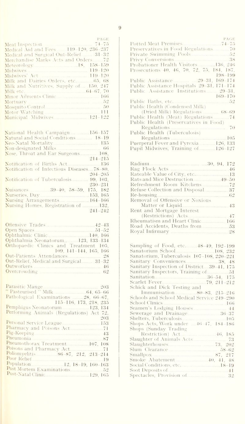 I'AGK Meat Inspection 74 Medi< al Aid and Fees 110 120, 236 Medical and Surgical Out-Kelief 31 Merchandise Marks \cts and Orders Meteorolngx 18, 158 Midwives I 111 Midwives’ Act II!) Milk and Dairies Orders, etc. 65, Milk and Nutritives, Supply of 15(1. Milk etc. 64 67, Mini>r Ailments Clinic Mortuary Mosquito ( ontro! . Motor Watching Municipal Midwives 121 i — 150 120 120 6S 247 70 1 66 52 50 I I I National Health Campaign 156 157 Natural and Social Conditions 18-19 Ne Natal Mortality . 135 Non-designated Milks . 66 Nose Throat and Far Surgeons.. 108, 214 215 Notification of Births Act 136 Notification of Infectious Diseases. . 78 80, 204 205 Notification of Tuberculosis. 99, 103, 230 231 Nuisances .39-40. 58-59, 175, 182 Nurseries, Day 153, 165 Nursing Arrangements.164 166 Nursing Homes. Registration of.132, 241 242 Offensive Trades .42-43 Open Spaces .51-52 Ophthalmic Clinic. 140, 166 Ophthalmia Neonatorum.. 123, 133 134 Orthopaedic Clinics and Treatment 105, 109, 141 144, 165, 166 Out-Patients Attendances 2s Out-Relief, Medical and Surgical. 31 32 Outworkers . 46 Overcr >\v<ling 62 Parasitic Mange. 203 Pasteurised  Milk . 64, 65-66 Pathological examinations 28, 66 67, 115-116 173, 218, 235 Pemphigus Neonatorum 123, 134 Perf orming Animals (Regulations) Act 72, Personal Service League . Pharmacy and Poisons Act Pig-Keeping . Pneumonia. Pneumothorax Treatment Poisons and Pharmacy Act. Poliomyelitis .86 87, 212, Poor Reliel Population 12. Is 19, Post Mortem Examinations ' Natal Clinic. 203 1 53 71 43 87 K)7, 1()8 71 213 214 19 160 163 52 129,165 PAor-: Potted Meat Premises 74-75 Preservatives in hood Regulations 70 Private Swimming Pools 52 Privy Conversions 38 Probationer Health Visitors .136, 246 Prosecutions 40, 46, 70, 72, 75, 184, 187, 198 199 Public Assistance 29 31, 169 171 Public Assistance Hospitals 29 31, 171 174 Public \ssistance Institutions 29 31. 169 I7() Public Baths, etc. 52 Public Health (Condensed Milk) (Dried Milk) Regulations 68 69 Public Health (Meat) Regulations 74 Public Health (Preservatives in hood) Regulations 7n Public Health (Tuberculosis) Regulations. 105 Puerperal Fever and Pyrexia 126, 133 Pupil Midwives, Training of.126 127 Radium. ....30, 94, 172 Rag block Acts 46 Rateable Value of City, etc.13 Rats and Mice Destruction.49-50 Refreshment Room Kitchens .72 Refuse Collection and Disposal. 37 Re housing.62 Removal of Offensive or Noxious Matter or Liquid. 43 Rent and Mortgage Interest (Restrictions) Acts . 47 Rheumatism and Heart Clinic 166 Road Accidents, Deaths from.53 Royal Infirmary. 28 Sampling of Food, etc. 48-4!), 192-199 Sanatorium School. 108, 232 Sanatorium, Tuberculosis 107- 1(>8, 220-221 Sanitary Conveniences ... .38, 48 Sanitary Inspection of District 39-41, 175 Sanitary Inspectors, Training of.51 Sanitation.36-54, 175 Scarlet Fever. .... 79, 211-212 Schick and Dick Testing and Immunisation .8(1 -83, 2 1 5 216 Schools and School Medical Service 249- 29(1 School Clinics. 1 66 Seamen’s Lodging Houses 44 Sewerage and Drainage . 36 37 Shelters, Tubereulosis 11 (5 Shops Acts, Work under 46 47. 184 186 Shops (Sundav Trading Restriction) Act 46, 1 85 Slaughter of Animals Acts 73 Slaughterhouses 73, 202 Slum Clearance Smallpox. Smoke Abatement Social Conditions, etc. . Soot I deposits oh Spectacles, Provision of 58 -62 87, 217 40, 41. 48 18 19 11 32