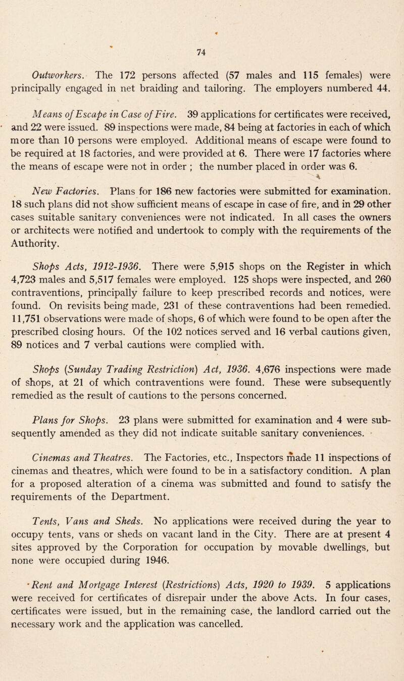 * Outworkers. The 172 persons affected (57 males and 115 females) were principally engaged in net braiding and tailoring. The employers numbered 44. Means of Escape in Case of Fire. 39 applications for certificates were received, and 22 were issued. 89 inspections were made, 84 being at factories in each of which more than 10 persons were employed. Additional means of escape were found to be required at 18 factories, and were provided at 6. There were 17 factories where the means of escape were not in order ; the number placed in order was 6. - \ New Factories. Plans for 186 new factories were submitted for examination. 18 such plans did not show sufficient means of escape in case of fire, and in 29 other cases suitable sanitary conveniences were not indicated. In all cases the owners or architects were notified and undertook to comply with the requirements of the Authority. Shops Acts, 1912-1936. There were 5,915 shops on the Register in which 4,723 males and 5,517 females were employed. 125 shops were inspected, and 260 contraventions, principally failure to keep prescribed records and notices, were found. On revisits being made, 231 of these contraventions had been remedied. 11,751 observations were made of shops, 6 of which were found to be open after the prescribed closing hours. Of the 102 notices served and 16 verbal cautions given, 89 notices and 7 verbal cautions were complied with. Shops [Sunday Trading Restriction) Act, 1936. 4,676 inspections were made of shops, at 21 of which contraventions were found. These were subsequently remedied as the result of cautions to the persons concerned. Plans for Shops. 23 plans were submitted for examination and 4 were sub- sequently amended as they did not indicate suitable sanitary conveniences. • Cinemas and Theatres. The Factories, etc., Inspectors made 11 inspections of cinemas and theatres, which were found to be in a satisfactory condition. A plan for a proposed alteration of a cinema was submitted and found to satisfy the requirements of the Department. Tents, Vans and Sheds. No applications were received during the year to occupy tents, vans or sheds on vacant land in the City. There are at present 4 sites approved by the Corporation for occupation by movable dwellings, but none were occupied during 1946. *Rent and Mortgage Interest [Restrictions) Acts, 1920 to 1939. 5 applications were received for certificates of disrepair under the above Acts. In four cases, certificates were issued, but in the remaining case, the landlord carried out the necessary work and the application was cancelled.