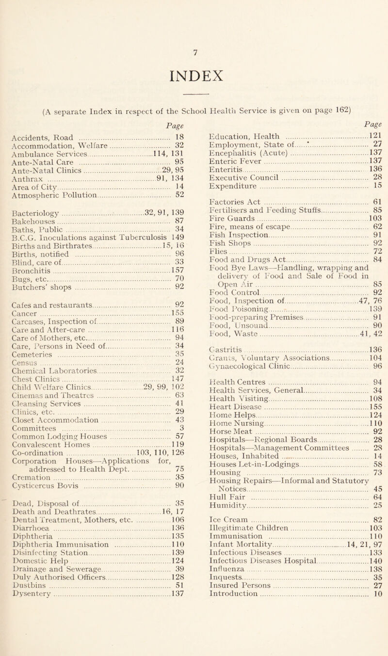 INDEX (A separate Index in respect of the School Health Service is given on page 162) Page Accidents, Road 18 Accommodation, Welfare 32 Ambulance Services 114, 131 Ante-Natal Care 95 Ante-Natal Clinics 29, 95 Anthrax 91, 134 Area of City 14 Atmospheric Pollution 52 Bacteriology 32, 91, 139 Bakehouses 87 Baths, Public 34 B.C.G. Inoculations against Tuberculosis 149 Births and Birthrates 15, 16 Births, notified 96 Blind, care of 33 Bronchitis 157 Bugs, etc 70 Butchers’ shops 92 Cafes and restaurants Cancer Carcases, Inspection of.... Care and After-care Care of Mothers, etc Care, Persons in Need of Cemeteries Census Chemical Laboratories.... 92 155 89 116 94 34 35 24 32 Chest Clinics 147 Child Welfare Clinics 29, 99, 102 Cinemas and Theatres 63 Cleansing Services 41 Clinics, etc 29 Closet Accommodation 43 Committees 3 Common Lodging Houses 57 Convalescent Homes 119 Co-ordination 103, 110, 126 Corporation Houses—Applications for, addressed to Health Dept 75 Cremation 35 Cvsticercus Bovis 90 Dead, Disposal of 35 Death and Deathrates 16, 17 Dental Treatment, Mothers, etc 106 Diarrhoea 136 Diphtheria 135 Diphtheria Immunisation 110 Disinfecting Station 139 Domestic Help 124 Drainage and Sewerage 39 Duly Authorised Officers 128 Dustbins 51 Dysentery 137 Page Education, Health 121 Employment, State of * 27 Encephalitis (Acute) 137 Enteric Fever 137 Enteritis 136 Executive Council 28 Expenditure 15 Factories Act 61 Fertilisers and Feeding Stuffs 85 Fire Guards 103 Fire, means of escape 62 Fish Inspection 91 Fish Shops 92 Flies 72 Food and Drugs i\ct 84 Food Bye Laws—-Handling, wrapping and delivery of Food and Sale of Food in Open Air 85 Food Control 92 Food, Inspection of 47, 76 F'ood Poisoning 139 Food-preparing Premises 91 Food, Unsound 90 F ood, Waste 41, 42 Gastritis 136 Grants, Voluntary Associations 104 Gynaecological Clinic 96 Health Centres 94 Health Services, General 34 Health Visiting 108 Heart Disease 155 Home Helps 124 Home Nursing 110 Horse Meat 92 Hospitals—Regional Boards 28 Hospitals—Management Committees 28 Houses, Inhabited 14 Houses Let-in-Lodgings 58 Housing 73 Housing Repairs—Informal and Statutory Notices 45 Hull Fair 64 Humidity 25 Ice Cream 82 Illegitimate Children 103 Immunisation 110 Infant Mortality 14, 21, 97 Infectious Diseases 133 Infectious Diseases Hospital 140 Influenza 138 Inquests 35 Insured Persons 27 Introduction 10