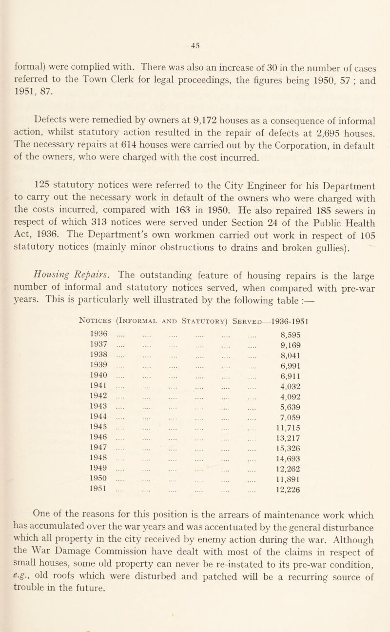 formal) were complied with. There was also an increase of 30 in the number of cases referred to the Town Clerk for legal proceedings, the figures being 1950, 57 ; and 1951, 87. Defects were remedied by owners at 9,172 houses as a consequence of informal action, whilst statutory action resulted in the repair of defects at 2,695 houses. The necessary repairs at 614 houses were carried out by the Corporation, in default of the owners, who were charged with the cost incurred. 125 statutory notices were referred to the City Engineer for his Department to carry out the necessary work in default of the owners who were charged with the costs incurred, compared with 163 in 1950. He also repaired 185 sewers in respect of which 313 notices were served under Section 24 of the Public Health Act, 1936. The Department’s own workmen carried out work in respect of 105 statutory notices (mainly minor obstructions to drains and broken gullies). Housing Repairs. The outstanding feature of housing repairs is the large number of informal and statutory notices served, when compared with pre-war years. This is particularly well illustrated by the following table :— Notices (Informal and Statutory) Served—-1936-1951 1936 1937 1938 1939 1940 1941 1942 1943 1944 1945 1946 1947 1948 1949 1950 1951 8,595 9,169 8,041 6,991 6,911 4,032 4,092 5,639 7,059 11,715 13,217 15,326 14,693 12,262 11,891 12,226 One of the reasons for this position is the arrears of maintenance work which has accumulated over the war years and was accentuated by the general disturbance which all property in the city received by enemy action during the war. Although the War Damage Commission have dealt with most of the claims in respect of small houses, some old property can never be re-instated to its pre-war condition, e.g., old roofs which were disturbed and patched will be a recurring source of trouble in the future.