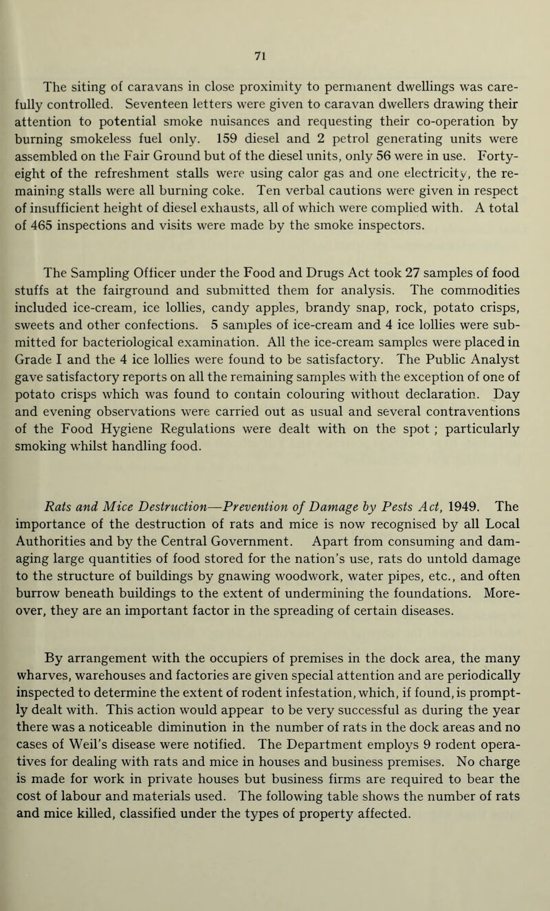 The siting of caravans in close proximity to permanent dwellings was care¬ fully controlled. Seventeen letters were given to caravan dwellers drawing their attention to potential smoke nuisances and requesting their co-operation by burning smokeless fuel only. 159 diesel and 2 petrol generating units were assembled on the Fair Ground but of the diesel units, only 56 were in use. Forty- eight of the refreshment stalls were using calor gas and one electricity, the re¬ maining stalls were all burning coke. Ten verbal cautions were given in respect of insufficient height of diesel exhausts, all of which were complied with. A total of 465 inspections and visits were made by the smoke inspectors. The Sampling Officer under the Food and Drugs Act took 27 samples of food stuffs at the fairground and submitted them for analysis. The commodities included ice-cream, ice lollies, candy apples, brandy snap, rock, potato crisps, sweets and other confections. 5 samples of ice-cream and 4 ice lollies were sub¬ mitted for bacteriological examination. All the ice-cream samples were placed in Grade I and the 4 ice lollies were found to be satisfactory. The Public Analyst gave satisfactory reports on all the remaining samples with the exception of one of potato crisps which was found to contain colouring without declaration. Day and evening observations were carried out as usual and several contraventions of the Food Hygiene Regulations were dealt with on the spot ; particularly smoking whilst handling food. Rats and Mice Destruction—Prevention of Damage by Pests Act, 1949. The importance of the destruction of rats and mice is now recognised by all Local Authorities and by the Central Government. Apart from consuming and dam¬ aging large quantities of food stored for the nation’s use, rats do untold damage to the structure of buildings by gnawing woodwork, water pipes, etc., and often burrow beneath buildings to the extent of undermining the foundations. More¬ over, they are an important factor in the spreading of certain diseases. By arrangement with the occupiers of premises in the dock area, the many wharves, warehouses and factories are given special attention and are periodically inspected to determine the extent of rodent infestation, which, if found, is prompt¬ ly dealt with. This action would appear to be very successful as during the year there was a noticeable diminution in the number of rats in the dock areas and no cases of Weil’s disease were notified. The Department employs 9 rodent opera¬ tives for dealing with rats and mice in houses and business premises. No charge is made for work in private houses but business firms are required to bear the cost of labour and materials used. The following table shows the number of rats and mice killed, classified under the types of property affected.