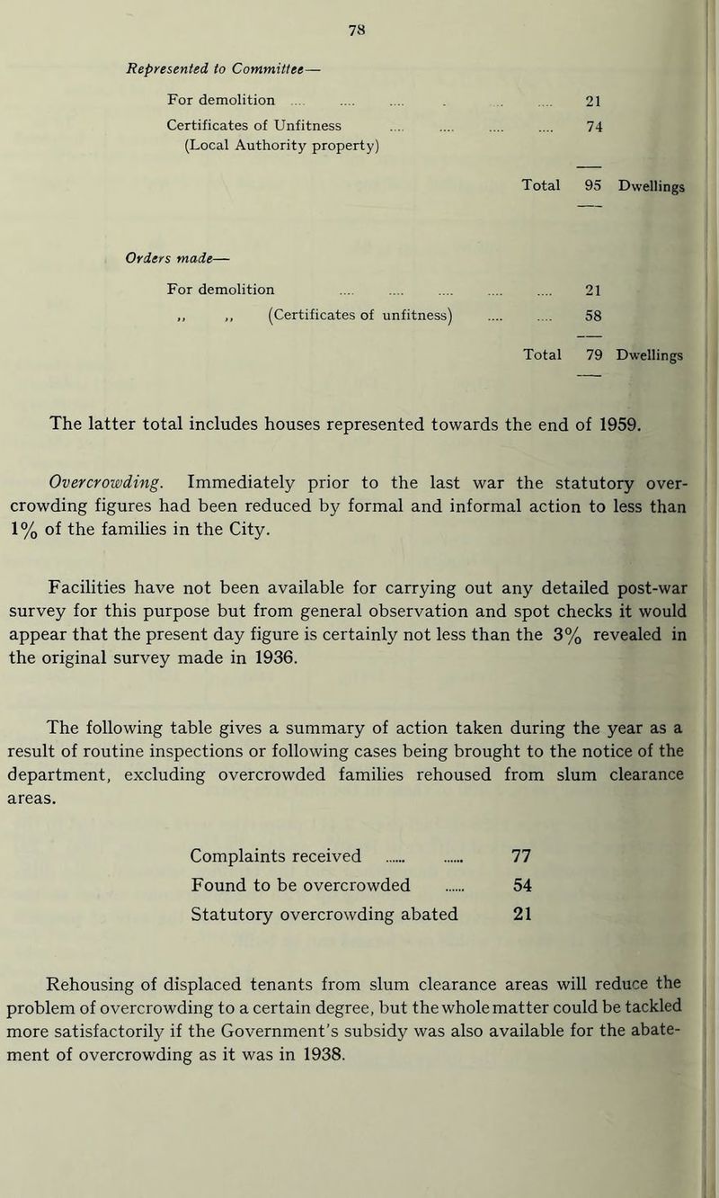 Represented to Committee— For demolition Certificates of Unfitness (Local Authority property) Orders made— For demolition ,, ,, (Certificates of unfitness) 21 74 Total 95 Dwellings 21 58 Total 79 Dwellings The latter total includes houses represented towards the end of 1959. Overcrowding. Immediately prior to the last war the statutory over¬ crowding figures had been reduced by formal and informal action to less than 1% of the families in the City. Facilities have not been available for carrying out any detailed post-war survey for this purpose but from general observation and spot checks it would appear that the present day figure is certainly not less than the 3% revealed in the original survey made in 1936. The following table gives a summary of action taken during the year as a result of routine inspections or following cases being brought to the notice of the department, excluding overcrowded families rehoused from slum clearance areas. Complaints received . 77 Found to be overcrowded . 54 Statutory overcrowding abated 21 Rehousing of displaced tenants from slum clearance areas will reduce the problem of overcrowding to a certain degree, but the whole matter could be tackled more satisfactorily if the Government’s subsidy was also available for the abate¬ ment of overcrowding as it was in 1938.