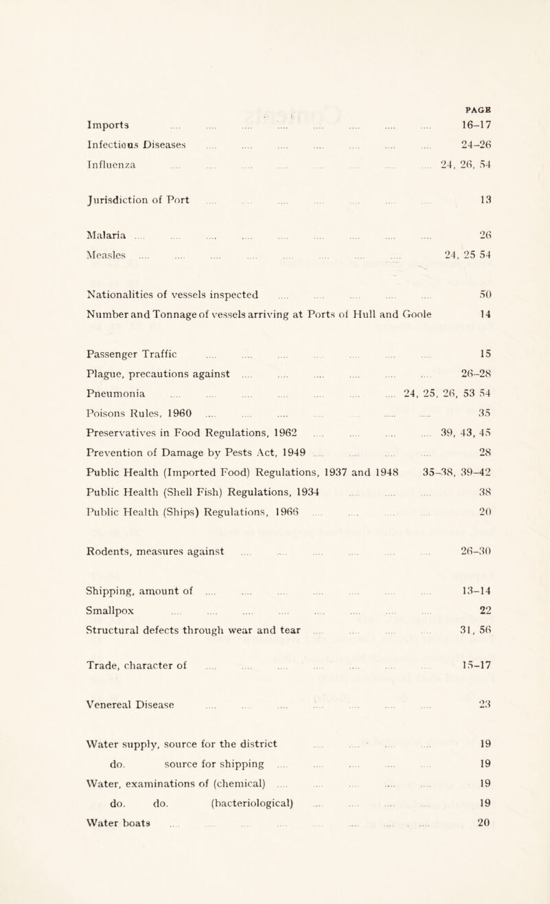 PAGE Imports .... ... .... .... .... .... .... .... 16-17 Infectious Diseases .... .... .... .... .... .... .... 24-26 Influenza .... .... .... ... .... 24, 26, 54 Jurisdiction of Port 13 Malaria .... .... .... .... .... .... .... .... .... 26 Measles .... .... .... .... .... .... .... .... 24, 25 54 Nationalities of vessels inspected .... .... .... .... ... 50 Number and Tonnage of vessels arriving at Ports of Hull and Goole 14 Passenger Traffic .... .... .... .... .... .... 15 Plague, precautions against .... . .. .... .... .... 26-28 Pneumonia .... .... .... . .. .. . .... .... 24, 25, 26, 53 54 Poisons Rules, 1960 .... .... .... .... 35 Preservatives in Food Regulations, 1962 . .... . .. .... 39, 43, 45 Prevention of Damage by Pests Act, 1949 . .. .... .... .... 28 Public Health (Imported Food) Regulations, 1937 and 1948 35-38, 39-42 Public Health (Shell Fish) Regulations, 1934 .... .... .... 38 Public Health (Ships) Regulations, 1966 ... 20 Rodents, measures against 26-30 Shipping, amount of .... .... .... .... .... 13-14 Smallpox ... ... .... .... ... .... .... 22 Structural defects through wear and tear 31, 56 Trade, character of .... .... 15-17 Venereal Disease . .. ... .... 23 Water supply, source for the district 19 do. source for shipping .... .... ... 19 Water, examinations of (chemical) .. . .... .... .... 19 do. do. (bacteriological) 19 Water boats ... 20