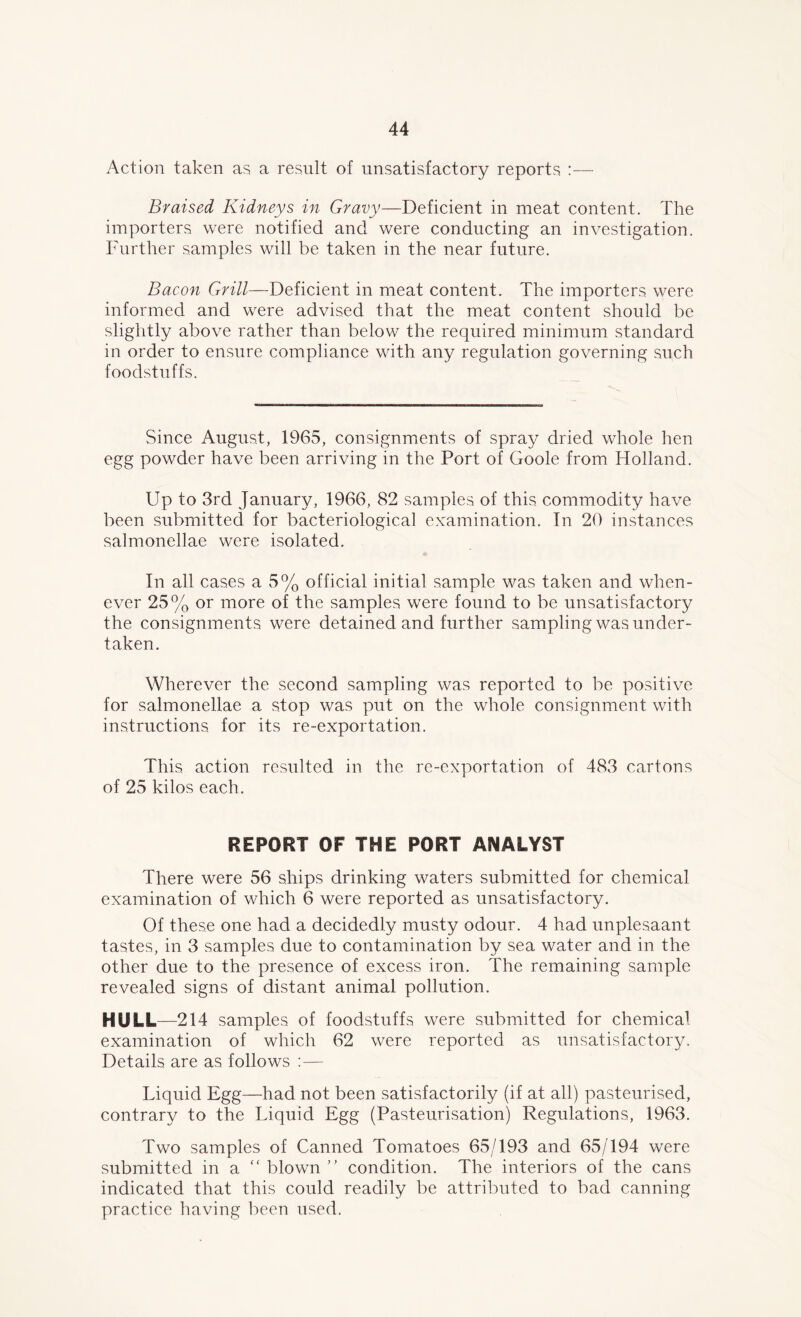 Action taken as a result of unsatisfactory reports :— Braised Kidneys in Gravy—Deficient in meat content. The importers were notified and were conducting an investigation. Further samples will be taken in the near future. Bacon Grill—Deficient in meat content. The importers, were informed and were advised that the meat content should be slightly above rather than below the required minimum standard in order to ensure compliance with any regulation governing such foodstuffs. Since August, 1965, consignments of spray dried whole hen egg powder have been arriving in the Port of Goole from Holland. Up to 3rd January, 1966, 82 samples of this commodity have been submitted for bacteriological examination. In 20 instances salmonellae were isolated. In all cases a 5% official initial sample was taken and when- ever 25% or more of the samples were found to be unsatisfactory the consignments were detained and further sampling was under- taken. Wherever the second sampling was reported to be positive for salmonellae a stop was put on the whole consignment with instructions for its re-exportation. This action resulted in the re-exportation of 483 cartons of 25 kilos each. REPORT OF THE PORT ANALYST There were 56 ships drinking waters submitted for chemical examination of which 6 were reported as unsatisfactory. Of these one had a decidedly musty odour. 4 had unplesaant tastes, in 3 samples due to contamination by sea water and in the other due to the presence of excess iron. The remaining sample revealed signs of distant animal pollution. HULL—214 samples of foodstuffs were submitted for chemical examination of which 62 were reported as unsatisfactory. Details are as follows :— Liquid Egg—had not been satisfactorily (if at all) pasteurised, contrary to the Liquid Egg (Pasteurisation) Regulations, 1963. Two samples of Canned Tomatoes 65/193 and 65/194 were submitted in a “ blown ” condition. The interiors of the cans indicated that this could readily be attributed to bad canning practice having been used.
