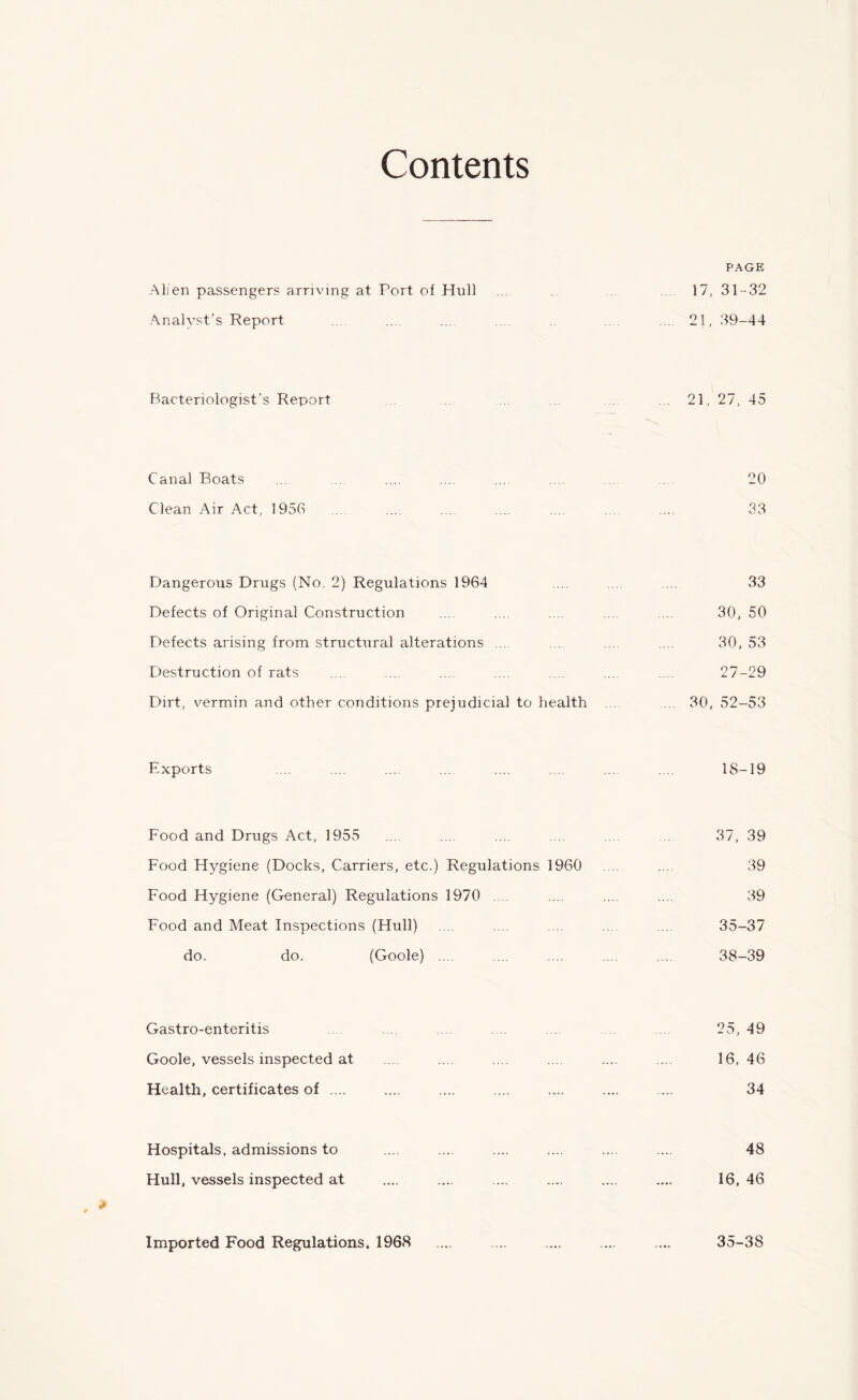 Contents Alien passengers arriving at Port of Hull PAGE 17, 31-32 Analyst's Report ... 21, 39-44 Bacteriologist’s Report ... 21, 27, 45 Canal Boats 20 Clean Air Act, 1956 33 Dangerous Drugs (No. 2) Regulations 1964 33 Defects of Original Construction 30, 50 Defects arising from structural alterations .... 30, 53 Destruction of rats 27-29 Dirt, vermin and other conditions prejudicial to health ... ... 30, 52-53 Exports 18-19 Food and Drugs Act, 1955 Food Hygiene (Docks, Carriers, etc.) Regulations 1960 37, 39 39 Food Hygiene (General) Regulations 1970 .... 39 Food and Meat Inspections (Hull) 35-37 do. do. (Goole) .... 38-39 Gastro-enteritis 25, 49 Goole, vessels inspected at 16, 46 Health, certificates of .... 34 Hospitals, admissions to 48 Hull, vessels inspected at 16, 46 Imported Food Regulations, 1968 35-38