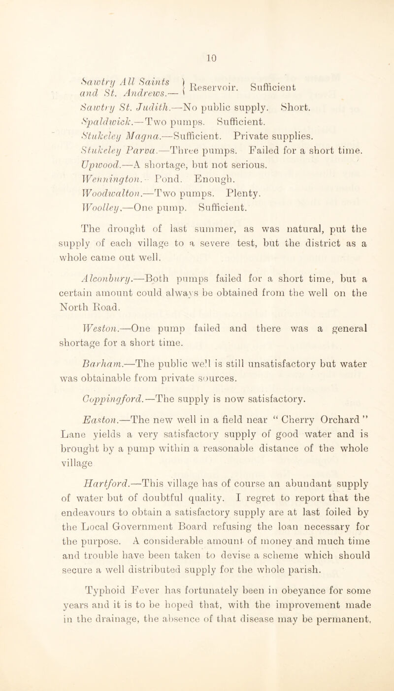 Sawtrii All Saints T) • o m • 7 CJ, A 7 Beservoir. bumcient and St. Andrews.— ' Sawtry St. Judith.—No public supply. Short. Spaldwick.—Two pumps. Sufficient. Stukeley Magna.—Sufficient. Private supplies. Stukeley Parva.—Three pumps. Failed for a short time. Upwood.—A shortage, but not serious. Weimington.- Pond. Enough. Woodwalton.—Two pumps. Plenty. Woolley.—One pump. Sufficient. The drought of last summer, as was natural, put the supply of each village to a severe test, but the district as a whole came out well. Alconbury.—Both pumps failed for a short time, but a certain amount could always be obtained from the well on the North Hoad. Weston.—One pump failed and there was a general shortage for a short time. Barham.—The public well is still unsatisfactory but water was obtainable from private sources. Copping ford.—The supply is now satisfactory. Easton.—The new well in a field near “ Cherry Orchard ” Lane yields a very satisfactory supply of good water and is brought by a pump within a reasonable distance of the whole village Hartford.—This village has of course an abundant supply of water but of doubtful quality. I regret to report that the endeavours to obtain a satisfactory supply are at last foiled by the Local Government Board refusing the loan necessary for the purpose. A considerable amount of money and much time and trouble have been taken to devise a scheme which should secure a well distributed supply for the whole parish. Typhoid Fever has fortunately been in obeyance for some years and it is to be hoped that, with the improvement made in the drainage, the absence of that disease may be permanent,