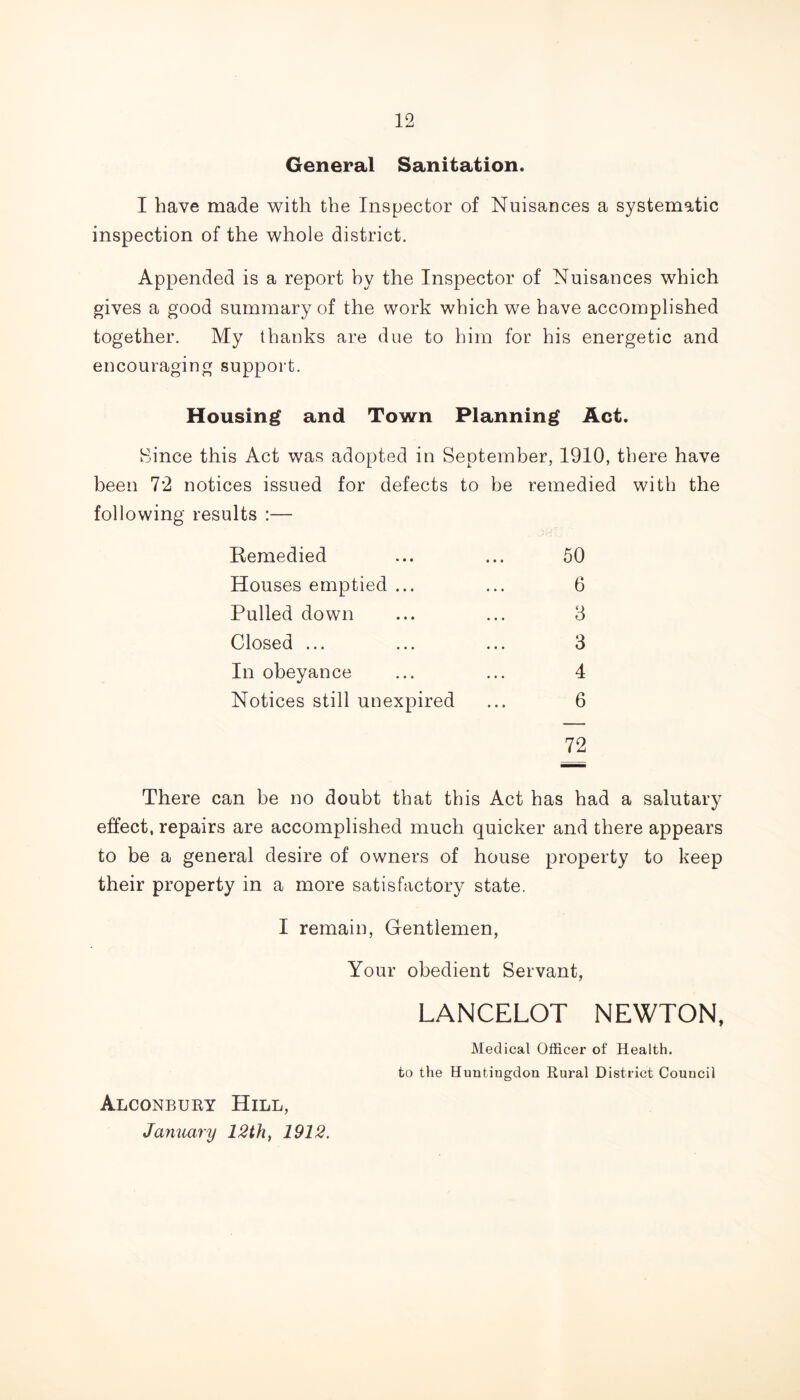General Sanitation. I have made with the Inspector of Nuisances a systematic inspection of the whole district. Appended is a report by the Inspector of Nuisances which gives a good summary of the work which we have accomplished together. My thanks are due to him for his energetic and encouraging support. Housing and Town Planning Act. Since this Act was adopted in September, 1910, there have been 7*2 notices issued for defects to be remedied with the following results :— Remedied ... ... 50 Houses emptied ... ... 6 Pulled down ... ... 3 Closed ... ... ... 3 In obey an ce ... ... 4 Notices still unexpired ... 6 72 There can he no doubt that this Act has had a salutary effect, repairs are accomplished much quicker and there appears to be a general desire of owners of house property to keep their property in a more satisfactory state. I remain, Gentlemen, Your obedient Servant, LANCELOT NEWTON, Medical Officer of Health, to the Huntingdon Rural District Council Alconbury Hill, January 12th, 1912.