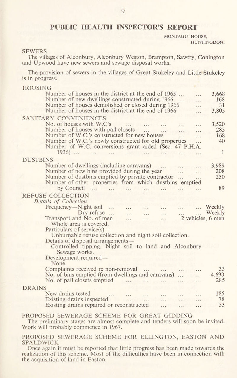 PUBLIC HEALTH INSPECTOR’S REPORT MONTAGU HOUSE, HUNTINGDON. SEWERS The villages of Alconbury, Alconbury Weston, Brampton, Sawtry, Conington and Upwood have new sewers and sewage disposal works. The provision of sewers in the villages of Great Stukeley and Little Stukeley is in progress. HOUSING Number of houses in the district at the end of 1965 3,668 Number of new dwellings constructed during 1966 168 Number of houses demolished or closed during 1966 ... 31 Number of houses in the district at the end of 1966 ... 3,805 SANITARY CONVENIENCES No. of houses with W.C’s 3,520 Number of houses with pail closets ... 285 Number of W.C.’s constructed for new houses 168 Number of W.C.’s newly constructed for old properties ... 40 Number of W.C. conversions grant aided (Sec. 47 P.H.A. 1936) 1 DUSTBINS Number of dwellings (including caravans) ... ... ... 3,989 Number of new bins provided during the year ... ... 208 Number of dustbins emptied by private contractor 250 Number of other properties from which dustbins emptied by Council ... ... ... ... ... ... ... 89 REFUSE COLLECTION Details of Collection Frequency—Night soil ... ... ... ... ... ... Weekly Dry refuse ... ... ... ... ... ... Weekly Transport and No. of men ... ... ... 2 vehicles, 6 men Whole area is covered. Particulars of service(s) — Unburnable refuse collection and night soil collection. Details of disposal arrangements — Controlled tipping. Night soil to land and Alconbury Sewage works. Development required — None. Complaints received re non-removal 33 No. of bins emptied (from dwellings and caravans) ... ... 4,690 No. of pail closets emptied 285 DRAINS New drains tested ... ... ... ... ... ... 185 Existing drains inspected 78 Existing drains repaired or reconstructed ... ... ... 53 PROPOSED SEWERAGE SCHEME FOR GREAT GIDDING The preliminary stages are almost complete and tenders will soon be invited. Work will probably commence in 1967. PROPOSED SEWERAGE SCHEME FOR ELLINGTON, EASTON AND SPALDWICK Once again it must be reported that little progress has been made towards the realization of this scheme. Most of the difficulties have been in connection with the acquisition of land in Easton.