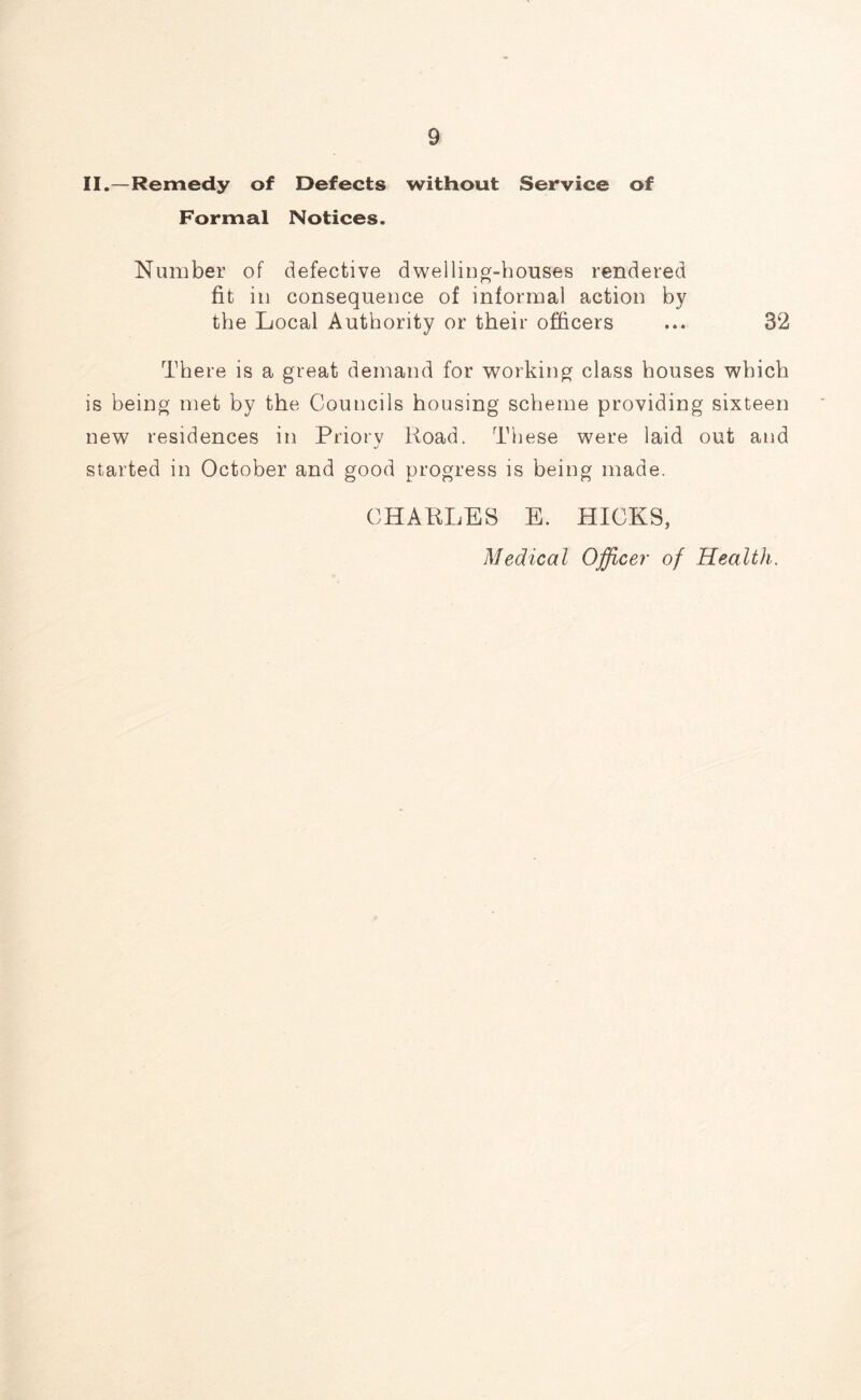 II.—Remedy of Defects without Service of Formal Notices. Number of defective dwelling-houses rendered fit in consequence of informal action by the Local Authority or their officers ... 32 There is a great demand for working class houses which is being met by the Councils housing scheme providing sixteen new residences in Priory Road. These were laid out and started in October and good progress is being made. CHARLES E. HICKS, Medical Officer of Health.