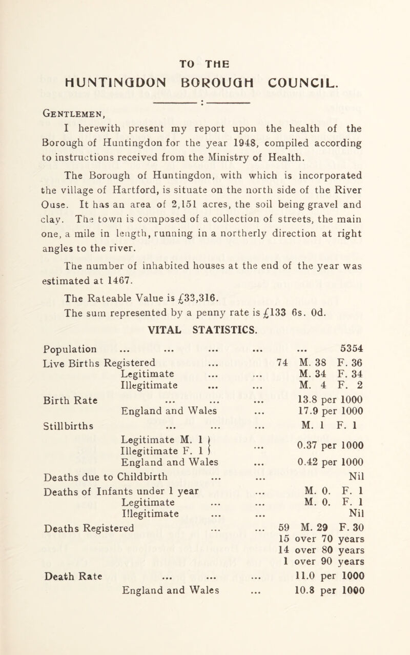 TO THE HUNTINGDON BOROUGH COUNCIL. Gentlemen, I herewith present my report upon the health of the Borough of Huntingdon for the year 1948, compiled according to instructions received from the Ministry of Health. The Borough of Huntingdon, with which is incorporated the village of Hartford, is situate on the north side of the River Ouse. It has an area of 2,151 acres, the soil being gravel and clay. The town is composed of a collection of streets, the main one, a mile in length, running in a northerly direction at right angles to the river. The number of inhabited houses at the end of the year was estimated at 1467. The Rateable Value is £33,316. The sum represented by a penny rate is £133 6s. Od. VITAL STATISTICS. Population Live Births Registered Legitimate Illegitimate Birth Rate England and Wales Stillbirths Legitimate M. 1 ) Illegitimate F. 1 ) England and Wales Deaths due to Childbirth Deaths of Infants under 1 year Legitimate Illegitimate Deaths Registered England and Wales 5354 74 M. 38 F. 36 M.34 F. 34 M. 4 F. 2 13.8 per 1000 17.9 per 1000 M. 1 F. 1 0.37 per 1000 0.42 per 1000 Nil M. 0. F. 1 M. 0. F. 1 Nil 59 M. 29 F. 30 15 over 70 years 14 over 80 years 1 over 90 years 11.0 per 1000 10.8 per 1000 Death Rate