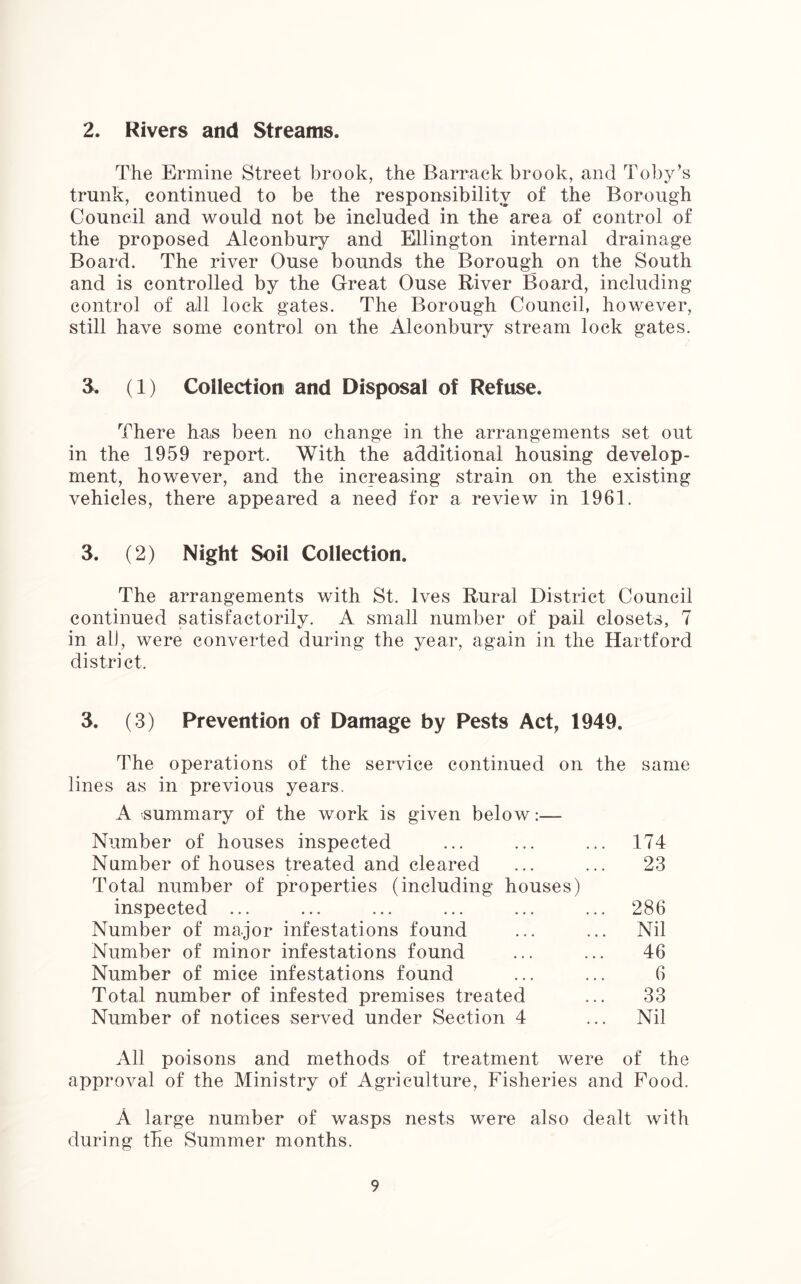 2. Rivers and Streams. The Ermine Street brook, the Barrack brook, and Toby’s trunk, continued to be the responsibility of the Borough Council and would not be included in the area of control of the proposed Alconbury and Ellington internal drainage Board. The river Ouse bounds the Borough on the South and is controlled by the Great Ouse River Board, including control of all lock gates. The Borough Council, however, still have some control on the Alconbury stream lock gates. 3. (1) Collection and Disposal of Refuse. There has been no change in the arrangements set out in the 1959 report. With the additional housing develop- ment, however, and the increasing strain on the existing vehicles, there appeared a need for a review in 1961. 3. (2) Night Soil Collection. The arrangements with St. Ives Rural District Council continued satisfactorily. A small number of pail closets, 7 in all, were converted during the year, again in the Hartford district. 3. (3) Prevention of Damage by Pests Act, 1949. The operations of the service continued on the same lines as in previous years. A summary of the work is given below:— Number of houses inspected Number of houses treated and cleared Total number of properties (including houses) inspected ... Number of major infestations found Number of minor infestations found Number of mice infestations found Total number of infested premises treated Number of notices served under Section 4 174 23 286 Nil 46 6 33 Nil All poisons and methods of treatment were of the approval of the Ministry of Agriculture, Fisheries and Food. A large number of wasps nests were also dealt with during the Summer months.