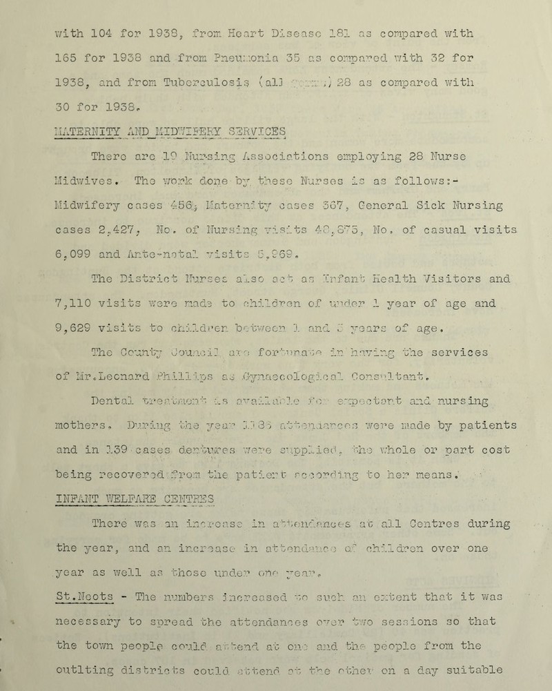 with 104 for 1938, from Heart Disease 181 as compared with 165 for 1938 and from Pneumonia 35 as compared with 32 for 1938, and from Tuberculosis (al3 i) 28 as compared with 30 for 1938c PATERNITY ANDJiimiFERY SERVICES There arc 19 Nur-sing Associations employing 28 Nurse Midwives. The work done by. these Nurses is as follows Midwifery cases 456; Maternity cases 367, General Sick Nursing cases 2r427; No, of Nursing visits 4G,,8:~5, No. of casual visits. 6,099 and Ante-natal visits 5,969. The District Nurses also act as 'infant Health Visitors and 7,110 visits were made to children of under 1 year of age and 9,629 visits to children between 1 and 5 years of age. The County Jou.o.oi- are fortunate in having the services of Mr.Leonard Phillips as .Gynaecological Consultant. Dental treatment is available fo expectant and nursing mothers. During the year 3.3 35 attendances were made by patients and in 139 cases dentures were supplied, she whole or part cost being recovered from the. patient according to her means. INFANT WELFARE jOENTRE3 There was an increase in attendances at all Centres during the year, and an increase in attendo.noo of ch.i3.dcen over one year as well as those unde.r one year, St,Neots - The numbers increased bo such an extent that it was necessary to spread the attendances over two sessions so that the town people could attend at one and the people from the outlting districts could attend at the other on a day suitable