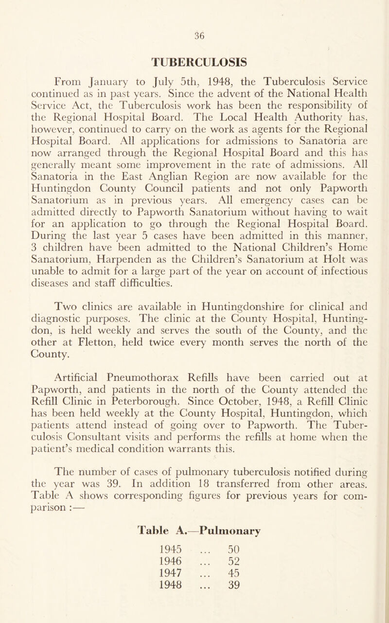 TUBERCULOSIS From January to July 5th, 1948, the Tuberculosis Service continued as in past years. Since the advent of the National Health Service Act, the Tuberculosis work has been the responsibility of the Regional Hospital Board. The Local Health Authority has, however, continued to earry on the work as agents for the Regional Hospital Board. All applications for admissions to Sanatoria are now arranged through the Regional Hospital Board and this has generally meant some improvement in the rate of admissions. All Sanatoria in the East Anglian Region are now available for the Huntingdon County Council patients and not only Papworth Sanatorium as in previous years. All emergency cases can be admitted directly to Papworth Sanatorium without having to wait for an application to go through the Regional Hospital Board. During the last year 5 cases have been admitted in this manner, 3 children have been admitted to the National Children’s Home Sanatorium, Harpenden as the Children’s Sanatorium at Holt was unable to admit for a large part of the year on account of infectious diseases and staff difficulties. Two clinics are available in Huntingdonshire for clinical and diagnostic purposes. The clinic at the County Hospital, Hunting- don, is held weekly and serves the south of the County, and the other at Fletton, held twice every month serves the north of the County. Artificial Pneumothorax Refills have been carried out at Papworth, and patients in the north of the County attended the Refill Clinic in Peterborough. Sinee October, 1948, a Refill Clinic has been held weekly at the County Hospital, Huntingdon, which patients attend instead of going over to Papworth. The Tuber- culosis Consultant visits and performs the refills at home when the patient’s medical condition warrants this. The number of cases of pulmonary tuberculosis notified during the year was 39. In addition 18 transferred from other areas. Table A shows corresponding figures for previous years for com- parison :— Table A.—Pulmonary 1945 1946 1947 1948 50 52 45 39