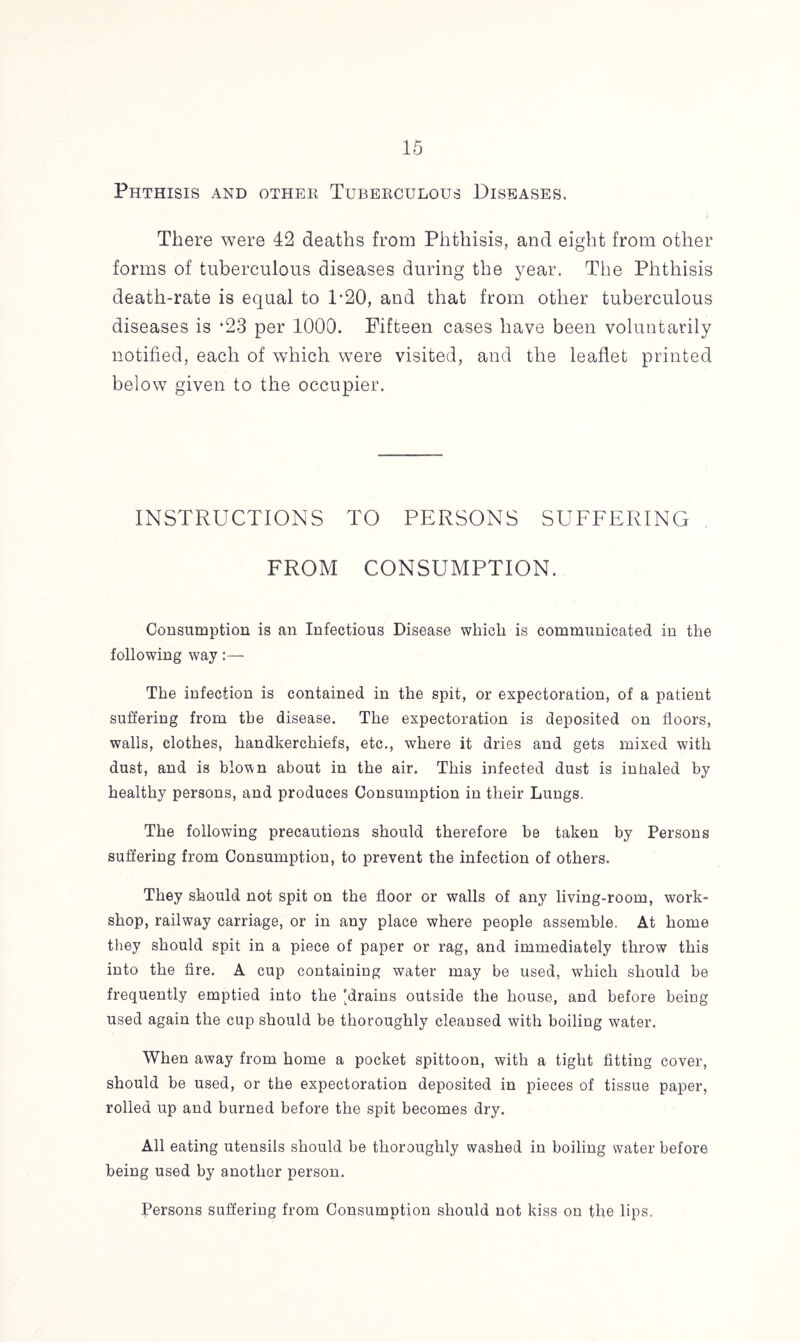 Phthisis and other Tuberculous Diseases. There were 42 deaths from Phthisis, and eight from other forms of tuberculous diseases during the year. The Phthisis death-rate is equal to T20, and that from other tuberculous diseases is *23 per 1000. Fifteen cases have been voluntarily notified, each of which were visited, and the leaflet printed below given to the occupier. INSTRUCTIONS TO PERSONS SUFFERING FROM CONSUMPTION. Consumption is an Infectious Disease which is communicated in the following way:— The infection is contained in the spit, or expectoration, of a patient suffering from the disease. The expectoration is deposited on floors, walls, clothes, handkerchiefs, etc., where it dries and gets mixed with dust, and is blown about in the air. This infected dust is inhaled by healthy persons, and produces Consumption in their Lungs. The following precautions should therefore be taken by Persons suffering from Consumption, to prevent the infection of others. They should not spit on the floor or walls of any living-room, work- shop, railway carriage, or in any place where people assemble. At home they should spit in a piece of paper or rag, and immediately throw this into the fire. A cup containing water may be used, which should be frequently emptied into the [drains outside the house, and before being used again the cup should be thoroughly cleansed with boiling water. When away from home a pocket spittoon, with a tight fitting cover, should be used, or the expectoration deposited in pieces of tissue paper, rolled up and burned before the spit becomes dry. All eating utensils should be thoroughly washed in boiling water before being used by another person. Persons suffering from Consumption should not kiss on the lips.