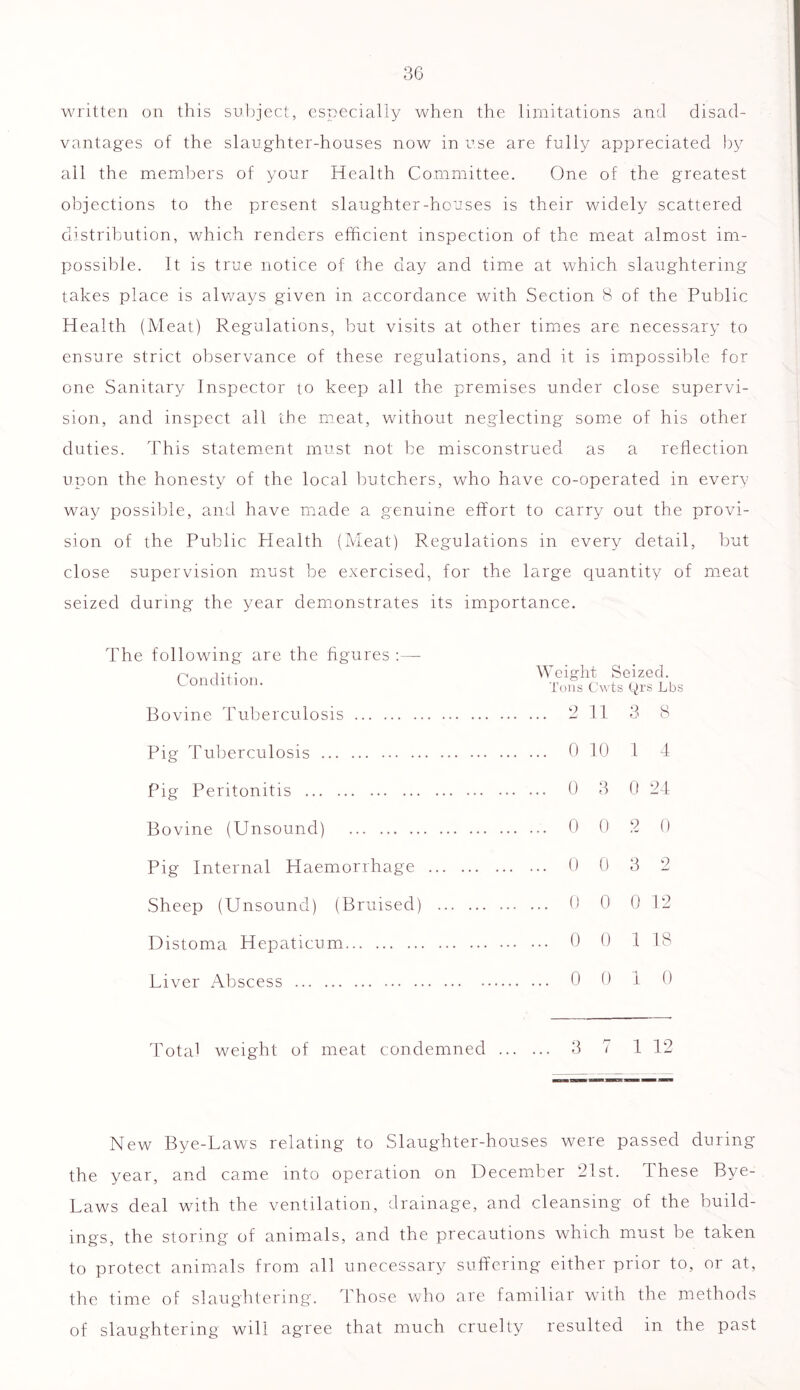 written on this subject, especially when the limitations and disad- vantages of the slaughter-houses now in use are fully appreciated by all the members of your Health Committee. One of the greatest objections to the present slaughter-houses is their widely scattered distribution, which renders efficient inspection of the meat almost im- possible. It is true notice of the day and time at which slaughtering takes place is always given in accordance with Section 8 of the Public Health (Meat) Regulations, but visits at other times are necessary to ensure strict observance of these regulations, and it is impossible for one Sanitary Inspector to keep all the premises under close supervi- sion, and inspect all the meat, without neglecting some of his other duties. This statement must not be misconstrued as a reflection upon the honesty of the local butchers, who have co-operated in every way possible, and have made a genuine effort to carry out the provi- sion of the Public Health (Meat) Regulations in every detail, but close supervision must be exercised, for the large quantity of meat seized during the year demonstrates its importance. The following are the figures :— Condition. Bovine Tuberculosis Pig Tuberculosis Pig Peritonitis Bovine (Unsound) Pig Internal Haemorrhage Sheep (Unsound) (Bruised) Distoma Hepaticum Liver Abscess Total weight of meat condemned Weight Seized. Tons C'wts Qrs Lbs .. 2 11 3 8 .. 0 10 1 4 .. 0 3 0 24 .. 0 0 2 0 ..0 0 3 2 .. 0 0 0 12 .. 0 0 1 18 ..0010 3 7 1 12 New Bye-Laws relating to Slaughter-houses were passed during the year, and came into operation on December 21st. These Bye- Laws deal with the ventilation, drainage, and cleansing of the build- ings, the storing of animals, and the precautions which must be taken to protect animals from all unecessary suffering either prior to, or at, the time of slaughtering'. 1 hose who are familiar with the methods of slaughtering will agree that much cruelty resulted in the past