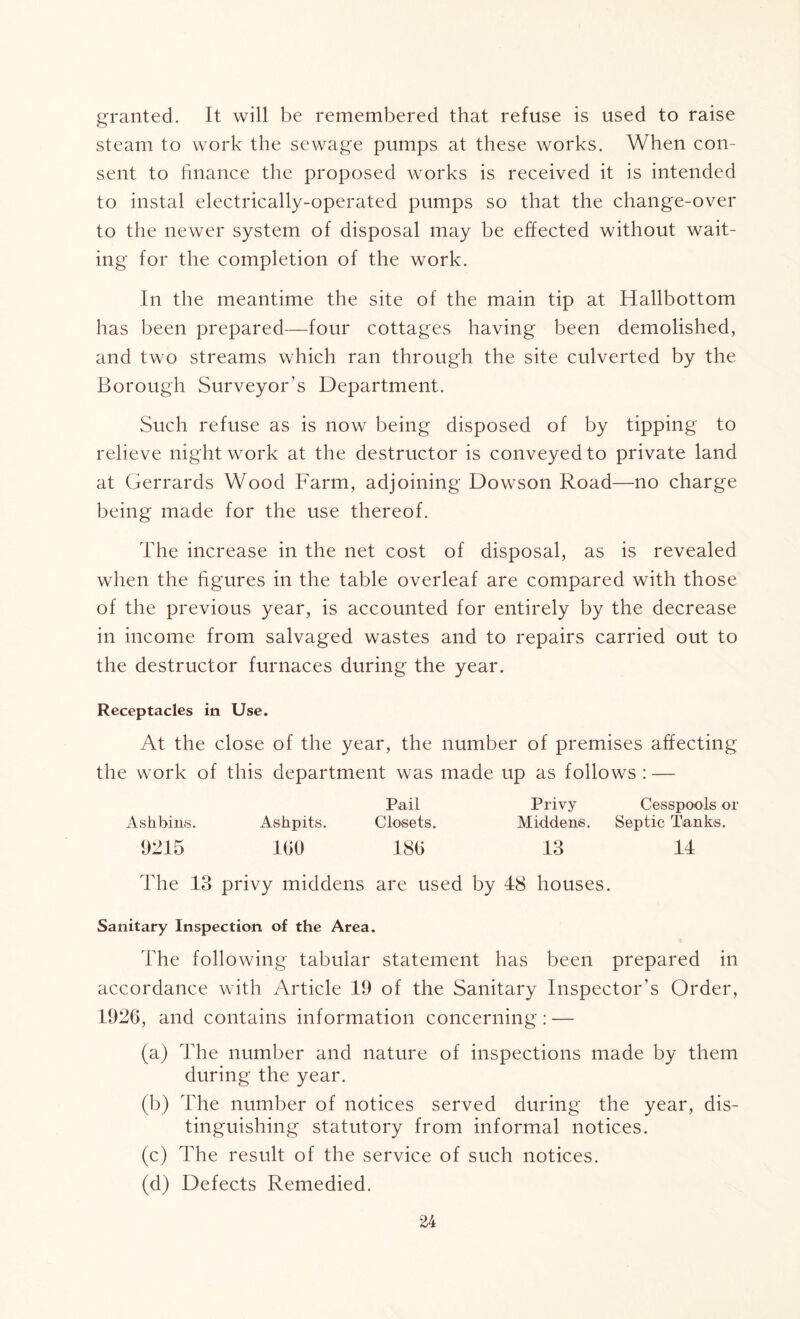 granted. It will be remembered that refuse is used to raise steam to work the sewage pumps at these works. When con- sent to finance the proposed works is received it is intended to instal electrically-operated pumps so that the change-over to the newer system of disposal may be effected without wait- ing for the completion of the work. In the meantime the site of the main tip at Hallbottom has been prepared—four cottages having been demolished, and two streams which ran through the site culverted by the Borough Surveyor’s Department. Such refuse as is now being disposed of by tipping to relieve night work at the destructor is conveyed to private land at Gerrards Wood Farm, adjoining Dowson Road—no charge being made for the use thereof. The increase in the net cost of disposal, as is revealed when the figures in the table overleaf are compared with those of the previous year, is accounted for entirely by the decrease in income from salvaged wastes and to repairs carried out to the destructor furnaces during the year. Receptacles in Use. At the close of the year, the number of premises affecting the work of this department was made up as follows : — Pail Privy Cesspools or Ashbins. Ashpits. Closets. Middens. Septic Tanks. 9215 160 186 13 11 The 13 privy middens are used by 48 houses. Sanitary Inspection of the Area. The following tabular statement has been prepared in accordance with Article 19 of the Sanitary Inspector's Order, 1926, and contains information concerning: — (a) The number and nature of inspections made by them during the year. (b) The number of notices served during the year, dis- tinguishing statutory from informal notices. (c) The result of the service of such notices. (d) Defects Remedied.