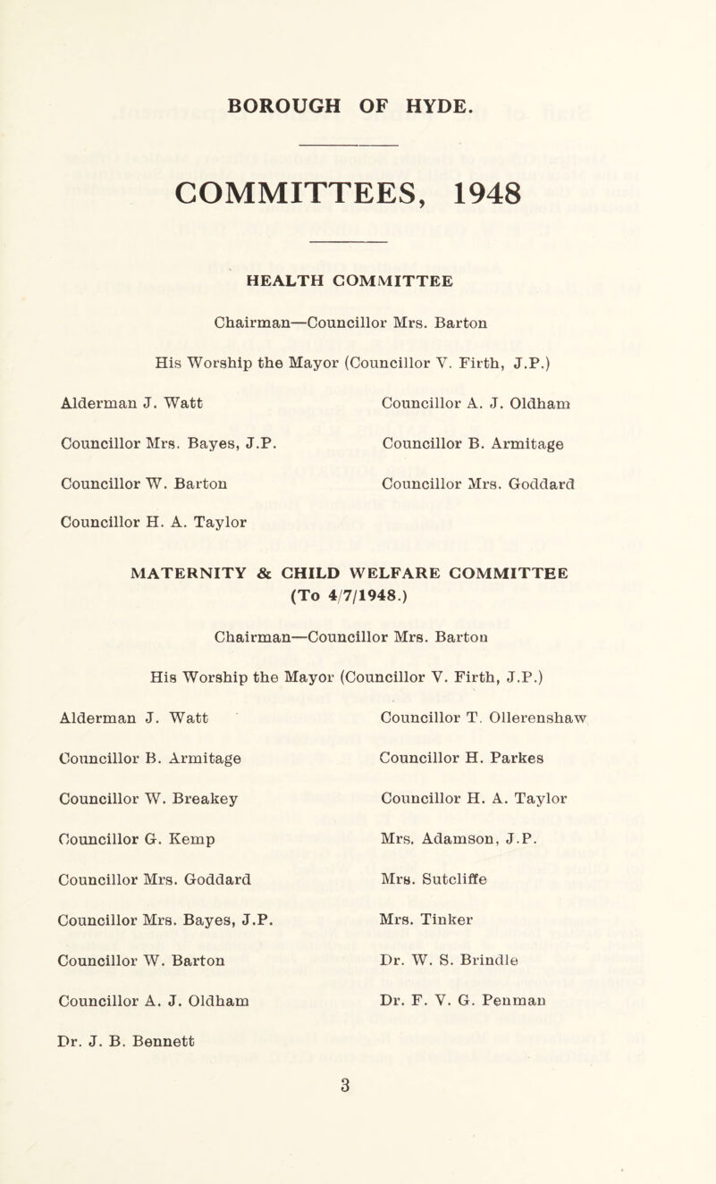 COMMITTEES, 1948 HEALTH COMMITTEE Chairman—Councillor Mrs. Barton His Worship the Mayor (Councillor Y. Firth, J.P.) Alderman J. Watt Councillor A. J. Oldham Councillor Mrs. Bayes, J.P. Councillor B. Armitage Councillor W. Barton Councillor Mrs. Goddard Councillor H. A. Taylor MATERNITY & CHILD WELFARE COMMITTEE (To 4/7/1948.) Chairman-Councillor Mrs. Barton His Worship the Mayor (Councillor V. Firth, J.P.) Alderman J. Watt Councillor T. Ollerenshaw Councillor B. Armitage Councillor H. Parkes Councillor W. Breakey Councillor H. A. Taylor Councillor G. Kemp Mrs. Adamson, J.P. Councillor Mrs. Goddard Mrs. Sutcliffe Councillor Mrs. Bayes, J.P. Mrs. Tinker Councillor W. Barton Dr. W. S. Brindle Councillor A. J. Oldham Dr. F. Y. G. Penman Dr. J. B. Bennett