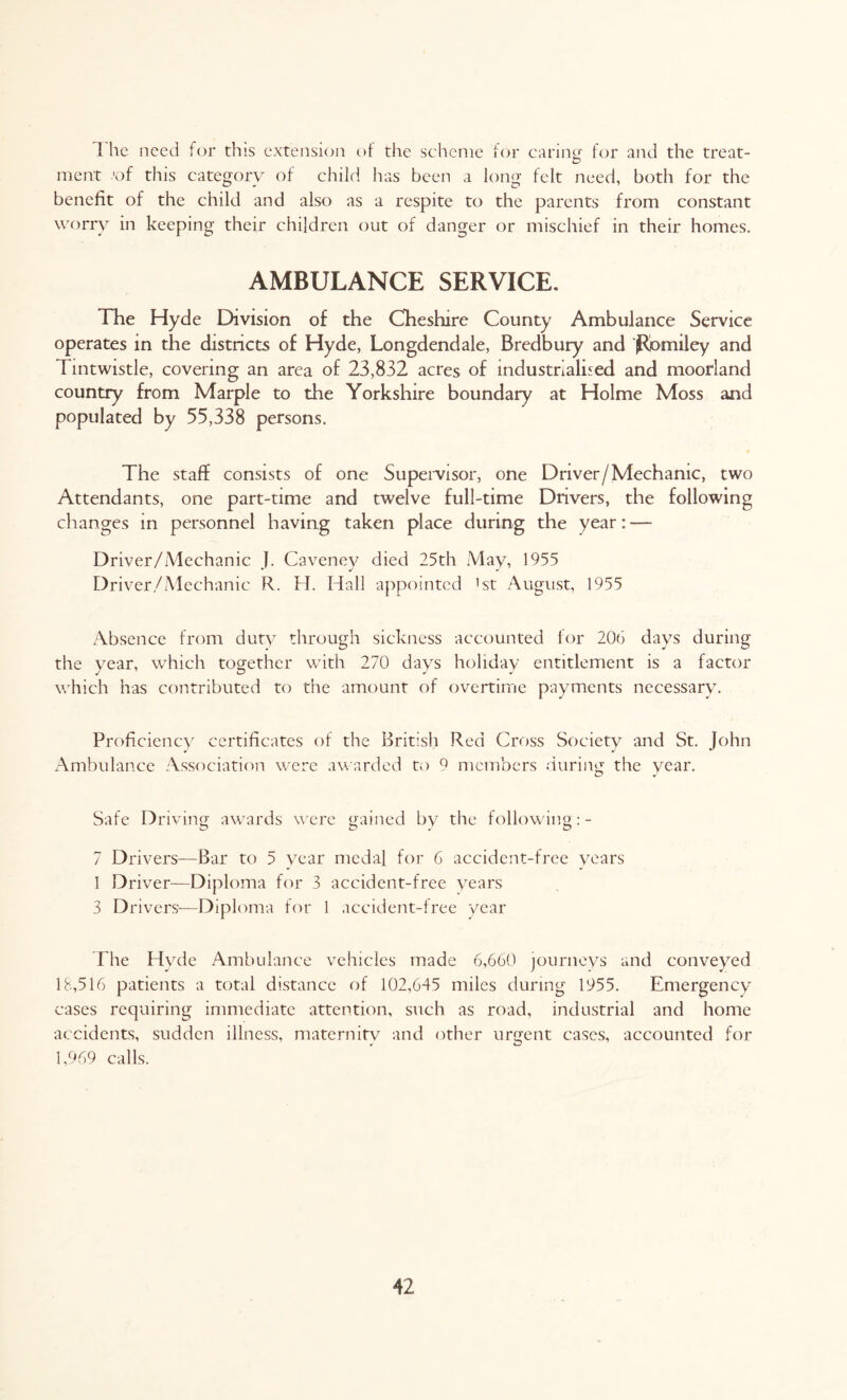 1 he need for this extension of the scheme for caring' for and the treat- D men* .'of this category of child has been a long felt need, both for the benefit of the child and also as a respite to the parents from constant worry in keeping their children out of danger or mischief in their homes. AMBULANCE SERVICE, Fhe Hyde Division of the Cheshire County Ambulance Service operates in the districts of Hyde, Longdendale, Bredbury and Romiley and Tintwistle, covering an area of 23,832 acres of industrialised and moorland country from Marple to the Yorkshire boundary at Holme Moss and populated by 55,338 persons. The staff consists of one Supervisor, one Driver/Mechanic, two Attendants, one part-time and twelve full-time Drivers, the following changes in personnel having taken place during the year: — Driver/Mechanic J. Caveney died 25th May, 1955 Driver/Mechanic R. H. Hall appointed 1 st August, 1955 Absence from duty through sickness accounted for 206 days during the year, which together with 270 days holiday entitlement is a factor which has contributed to the amount of overtime payments necessary. Proficiency certificates of the British Red Cross Society and St. John Ambulance Association were awarded to 9 members during the year. Safe Driving awards were gained by the following 7 Drivers—Bar to 5 year medal for 6 accident-free years 1 Driver—Diploma for 3 accident-free years 3 Drivers—Diploma for 1 accident-free year The Hyde Ambulance vehicles made 6,660 journeys and conveyed 18,516 patients a total distance of 102,645 miles during 1955. Emergency cases requiring immediate attention, such as road, industrial and home accidents, sudden illness, maternity and other urgent cases, accounted for 1,969 calls.