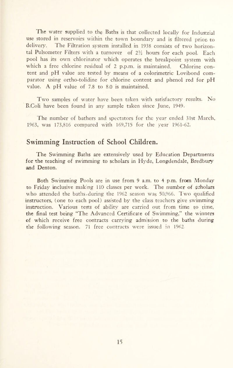 The water supplied to the Baths is that collected locally for Industrial use stored in reservoirs within the town boundary and is filtered prior- to delivery. The Filtration system installed in 1938 consists of two horizon- tal Pulsometer Filters with a turnover of 214 hours for each pool. Each pool has its own chlorinator which operates the breakpoint system with which a free chlorine residual of 2 p.p.m. is maintained. Chlorine con- tent and pH value are tested by means of a colorimetric Lovibond com- parator using ortho-tolidine for chlorine content and phenol red for pH value. A pH value of 7.8 to 8.0 is maintained. Two samples of water have been taken with satisfactory results. No B.Coli have been found in any sample taken since June, 1949. The number of bathers and spectators for the year ended 31st March, 1963, was 173,816 compared with 169,715 for the year 1961-62. Swimming Instruction of School Children. The Swimming Baths are extensively used by Education Departments for the teaching of swimming to scholars in Hyde, Longdendale, Bredbury and Denton. Both Swimming Pools are in use from 9 a.m. to 4 p.m. from Monday to Friday inclusive making 110 classes per week. The number of scholars who attended the baths-during the 1962 season was 50,966. T wo qualified instructors, (one to each pool) assisted by the class teachers give swimming instruction. Various tests of ability are carried out from time to time, the final test being “The Advanced Certificate of Swimming,” the winners of which receive free contracts carrying admission to the baths during the following season. 71 free contracts were issued in 1962