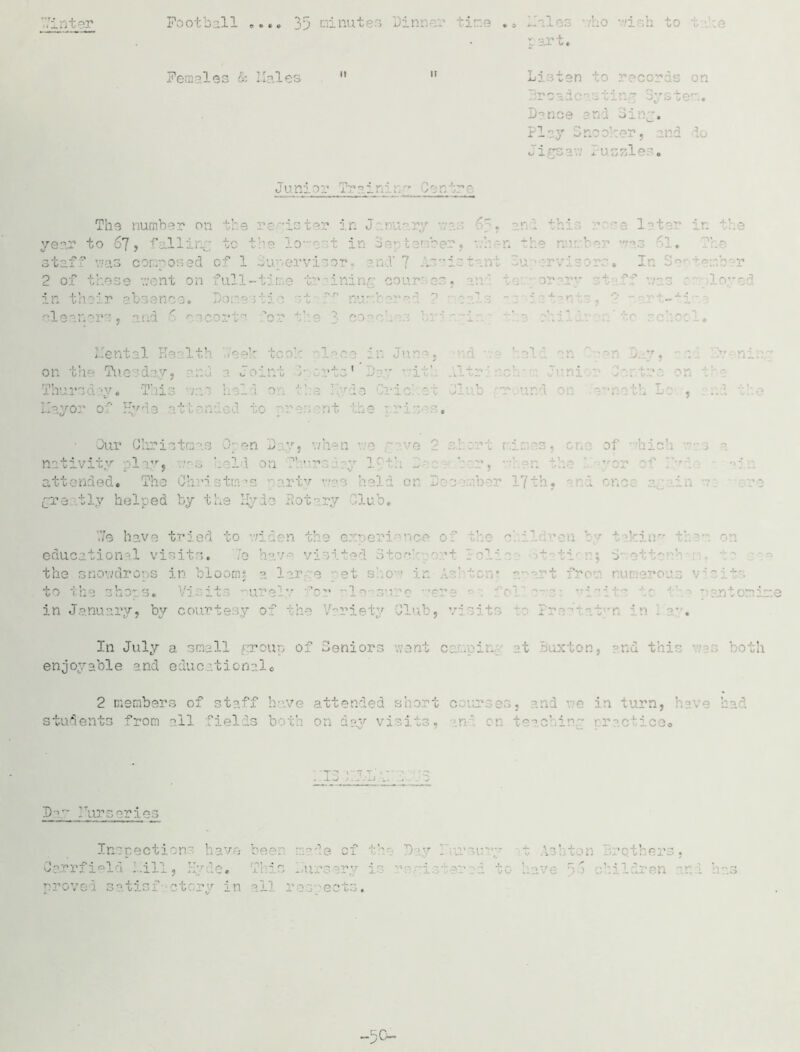 'inter Football .... 35 minuter* Dinner time ., Males •bo 'it to ;a rart. Females & Males  Listen to records on Broadcasting System. Dance and Sing. P1 ay Snooker, and do Jigsaw Pussies. Junior Training centra t fi n L. a The number on the register in January was 6a? and ihi s rose later ir. the year to 67 j fall in tc I lo j the nur.l staff was composed of 1 Supervisor, and’7 Assistant 3u ■' .In 2 of these rent on fulj • • inir - co irses, te ■ in their absence. Daresii • cleaners, and 7 escort^ or st • ?f numbered ? - : the *. coaches brv a~i; r,0 >lace in June, ! eld an 'yen Day, on the Tuesday, j itrt ' it! iltr ’1 ■ ■ lay* T1 lis was held o la *5 * lu! hi Mayor of Hyde attended to pres ?nt the y mi:-; s. Our Christmas Open Day, v/hen re pave 2 s.hvrt mimes, one of hich i a nativii lay, 1 held on Thur attended* The Ch *istm?s irty * he! or ; on gre -tly helped by the Hyde Rotary Club. t • j to widen t! ' : i • kinf educational visits. the snowdro ? 1 : : t '. apart fr to th : • urely for in January, by courtesy of the Variety Club, visits • - Ira-'- vb;,r i n . In July a small group of Seniors .vent camp in fc Buxtot ! enjoyable and educational* 2 members of staff have attended short courses, and ve in turn, have had students from all fields both on day visits, a ' on tree’ in- or ; ico0 • -yr» \-tt r . * • c? Da“ J Tur series Jr: ctiot have i 1 . da Day Lsl • hers, Cerrfiela Mill, Hyde. This . urs proved satisfactory in all res-ects. -5C-