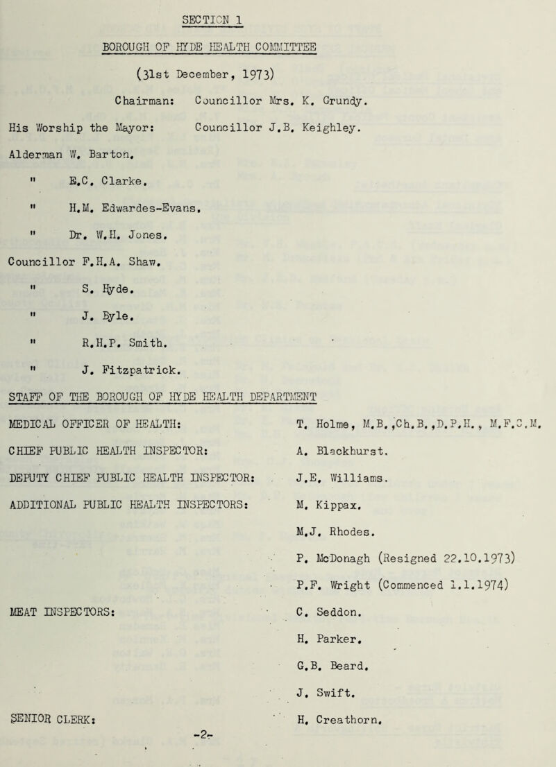 BOROUGH OF HYDE HEALTH COMMITTEE (31st December, 1973) Chairman: Councillor Mrs. K. Grundy. His Worship the Mayor: Councillor J.B, Keighley. Alderman W, Barton,  E.C, Clarke,  H.M, Edwardes-Evans,  Dr, W,H. Jones. Councillor P.H.A. Shaw,  S. Hyde.  J. Byle.  R.H.P. Smith.  J. Fitzpatrick. STAFF OF THE BOROUGH OF HYDE HEALTH DEPARTMENT MEDICAL OFFICER OF HEALTH: CHIEF PUBLIC HEALTH INSPECTOR: DEPUTY CHIEF PUBLIC HEALTH INSPECTOR ADDITIONAL PUBLIC HEALTH INSPECTORS: MEAT INSPECTORS: SENIOR CLERK: T, Holme, M.B, ,Ch.B. ,D.P,H. , M.F. A. Blackhurst. J.E. Williams. M. Kippax. M,J. Rhodes. P, McDonagh (Resigned 22,10.1973) P.F. Wright (Commenced 1.1.1974) C. Seddon. H. Parker. G. B. Beard, J. Swift. H, Creathorn. -2-