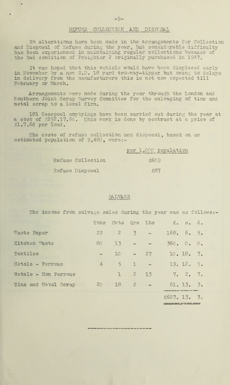 -s- REFUSE COLLECTION AND DISPOSAL No alterations have been made in the arrangements for Collection and Disposal of Refuse during the year, but considerable difficulty has been experienced in maintaining regular collections because of the bad condition of Freighter 2 originally purchased in 1347. It was hoped that this vehicle would have been displaced early in November by a new 8.D. 18 yard two-way-tipper but owing to delays in delivery from the manufacturers this is not now expected till February or March. Arrangements were made during the year through the London and Southern Joint Scrap Survey Committee for the salvaging of tins and metal scrap to a local firm. 181 Cesspool emptyings have been carried out during the year at a cost of g252.17.6d. This work is done by contract at a price of £1.7.6d per load. The costs of refuse collection and disposal, based on an estimated population of S?480, were;- per 1,000 population Refuse C ollection £60 3 Refuse Disposal £87 SALVAGE The income from salvage sales during the year was as f oil Tons Cwts Qrs Lbs £. s. d. Waste Paper 22 2 3 - 168. 6. 5. Kitchen 1rraste 80 13 - - 360. 0. 0. Textiles - 10 - 27 10. H 03 • 7. Metals - Ferrous 4 5 1 - 19. 12. 5. Metals - Non Ferrous 1 . 2 13 7. 2. 7. Tins and Metal Scrap 20 18 2 - 61. 13. 3. £627. 13. 3.