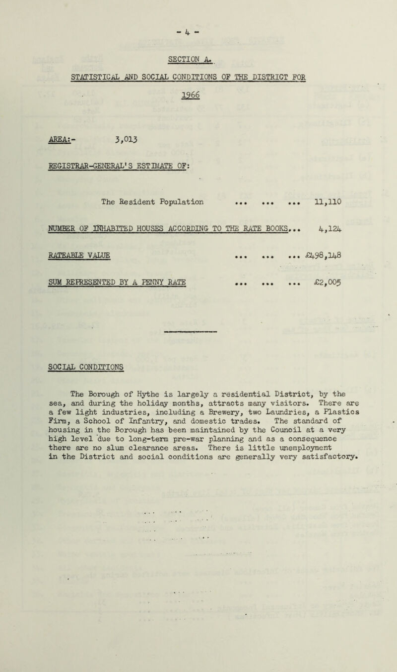 SECTION A. STATISTICAL and social conditions of the district for 1966 AREA:- 3,013 REGISTRAR-GENERAL* S ESTIMATE OF: The Resident Population • • 11,110 .NUMBER OF INHABITED HOUSES ACCORDING TO THE RATE BOOKS... 4,124 RATEABLE VALUE £498,148 SUM REPRESENTED BY A PENNY RATE £2,005 SOCIAL CONDITIONS The Borough of Hythe is largely a residential District, by the sea, and during the holiday months, attracts many visitors. There are a few light industries, including a Brewery, two Laundries, a Plastics Firm, a School of Infantry, and domestic trades. The standard of housing in the Borough has been maintained by the Council at a very high level due to long-term pre-war planning and as a consequence there are no slum clearance areas. There is little unemployment in the District and social conditions are generally very satisfactory.