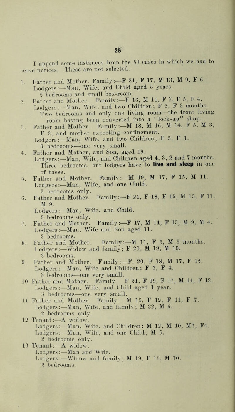 I append some instances from the 59 cases in which we had to serve notices. These are not selected. 1. Father and Mother. Family;—F 21, F 17, M 13, M 9, F d. Lodgers:—Man, Wife, and Child aged 5 years. 2 bedrooms and small box-room. 2. Father and Mother. Family:—F 16, M 14;, F 7, F 5, F 4. Lodgers:—Man, Wife, and two Children; F 3, F 3 months. Two bedrooms and only one living room—the front living room having been converted into a “lock-np” shop. 3. Father and Mother. Family:—M 18, M 16, M 14, F 5. M 3, F 2, and mother expecting confinement. Lodgers:—Man, Wife, and two Children; F 3, F 1. 3 bedrooms—one very small. 4. Father and Mother, and Son, aged 19. Lodgers:—Man, Wife, and Children aged 4, 3, 2 and 7 months. Three bedrooms, bnt lodgers have to live and sleep in one of these. 5. Father and Mother. Family:—M 19, M 17, F 15. M 11. Lodgers:—Man, Wife, and one Child. 2 bedrooms only. 6. Father and Mother. Family;—F 21, F 18, F 15, M 15, F 11, M 9. Lodgers:—Man, Wife, and Child. 2 bedrooms only. 7. Father and Mother. Family:—F 17, M 14, F 13, M 9, M 4. Lodgers:—Man, Wife and Son aged 11. 2 bedrooms. 8. Father and Mother. Family:—M 11, F 5, M 9 months. Lodgers:—Widow and family; F 20, M 19, M 10. 2 bedrooms. 9. Father and Mother. Family:—F. 20, F 18, M 17, F 12. Lodgers:—Man, Wife and Children; F 7, F 4. 3 bedrooms—one very small. 10 Father and Mother. Family: F 21, F 19, F 17, M 14, F 12. Ijodgers:—Man, Wife, and Child aged 1 year. 3 bedrooms—one very small. 11 Father and Mother. Family: M 15, F 12, F 11, F 7. Lodgers;—Man, Wife, and family; M 22, M 6. 2 bedrooms only. 12 Tenant:—A widow. Codgers:—Man, Wife, and Children: M 12, M 10, M7, F4. Lodgers:—Man, Wife, and one Child; M 5. 2 bedrooms only. 13 Tenant:—A widow. Lodgers:—Man and Wife. Lodgers:—Widow and family; M 19, F 16, M 10. 2 bedrooms,