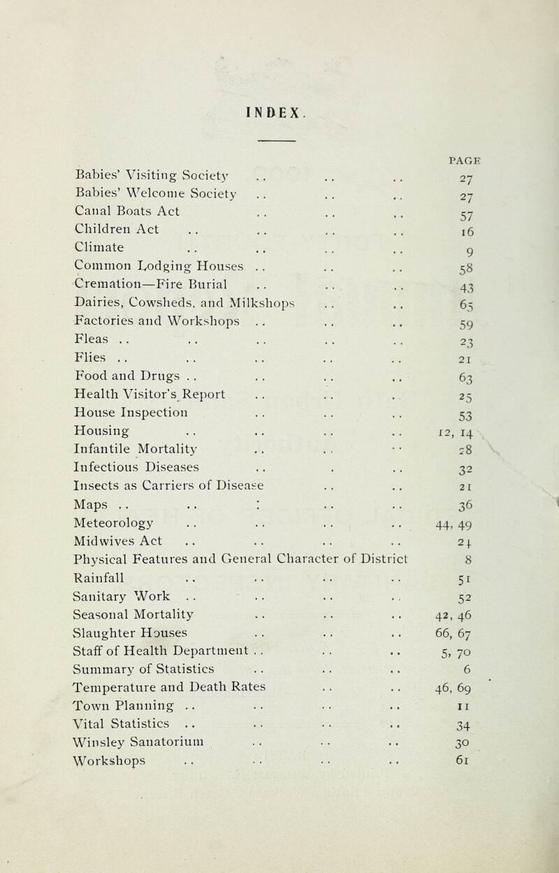 INDEX. Babies’ Visiting Society Babies’ Welcome Society Canal Boats Act Children Act Climate Common lodging Houses . . Cremation—Fire Burial Dairies, Cowsheds, and Milksh Factories and Workshops Fleas Flies Food and Drugs Health Visitor’s Report House Inspection Housing Infantile Mortality Infectious Diseases Insects as Carriers of Disease Maps . . .. ! Meteorology Mid wives Act Physical Features and General Rainfall Sanitary Work Seasonal Mortality Slaughter Houses Staff of Health Department . . Summary of Statistics Temperature and Death Rates Town Planning Vital Statistics Winsley Sanatorium Workshops PAGE 27 27 57 16 9 58 43 s .. .. 65 59 23 21 63 25 53 12, 14 28 32 21 36 44, 49 2| Character of District 8 51 52 42, 46 66, 67 5, 70 6 46, 69 11 34 30 61