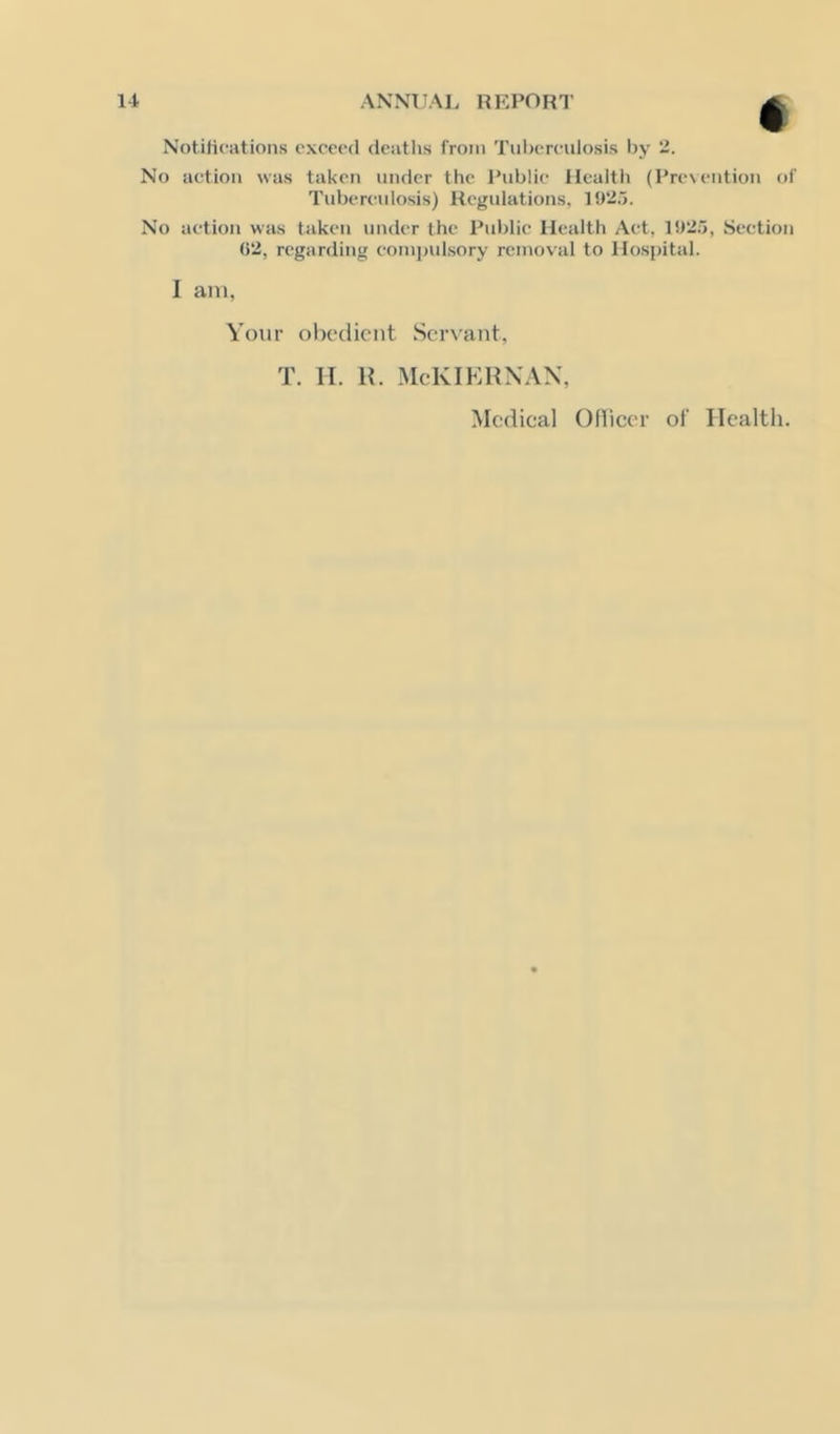 Notifications exceed deaths from Tid)ereulosis Ijy 'Z. No action was taken under the I’ublic llealtli (Pre\ention of Tuberculosis) Regulations, No action was taken under the Public Health Act, 1925, Section 02, regarding eomj)ulsory removal to Hosjntal. I aitl, Your obedient Ser\'ant, T. II. H. MeKIKUXAX, Medical OHicer of Health.