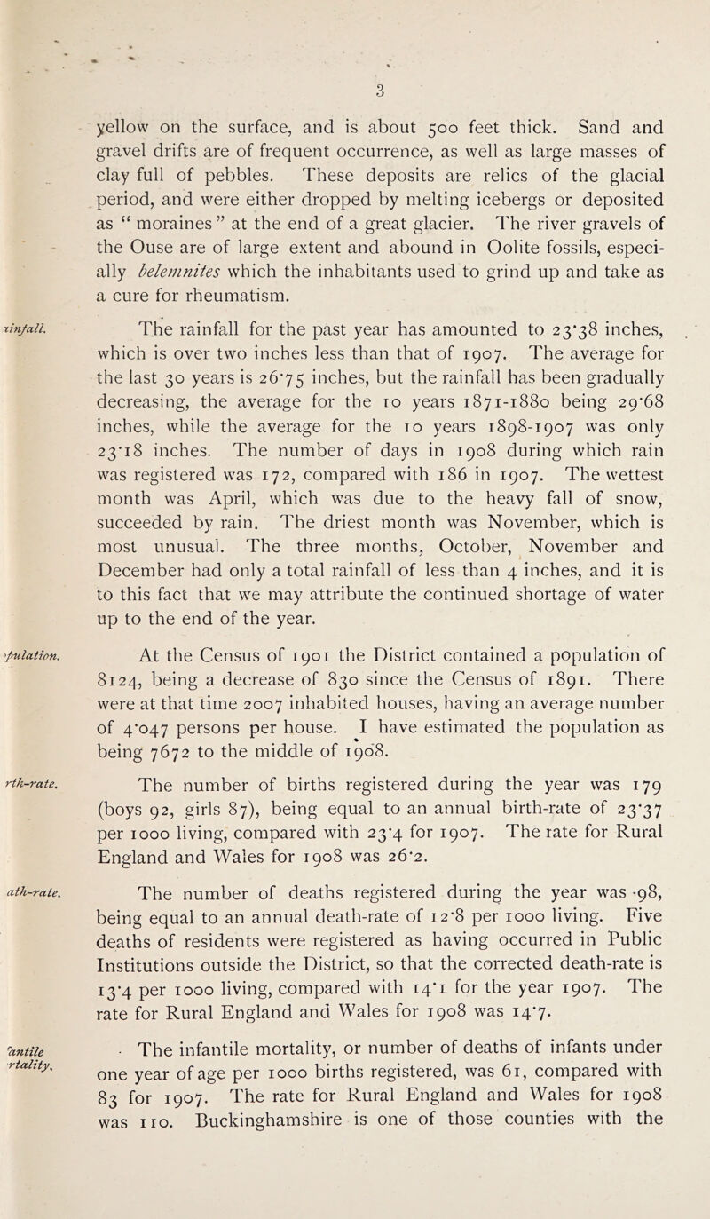 xinfall. 'pulation. rtk-rate. ath-rate. rcmtile rtality, yellow on the surface, and is about 500 feet thick. Sand and gravel drifts are of frequent occurrence, as well as large masses of clay full of pebbles. These deposits are relics of the glacial period, and were either dropped by melting icebergs or deposited as c< moraines ” at the end of a great glacier. The river gravels of the Ouse are of large extent and abound in Oolite fossils, especi- ally belemniies which the inhabitants used to grind up and take as a cure for rheumatism. The rainfall for the past year has amounted to 23*38 inches, which is over two inches less than that of 1907. The average for the last 30 years is 26*75 inches, but the rainfall has been gradually decreasing, the average for the ro years 1871-1880 being 29*68 inches, while the average for the 10 years 1898-1907 was only 23*18 inches. The number of days in 1908 during which rain was registered was 172, compared with 186 in 1907. The wettest month was April, which was due to the heavy fall of snow, succeeded by rain. The driest month was November, which is most unusual. The three months, October, November and December had only a total rainfall of less than 4 inches, and it is to this fact that we may attribute the continued shortage of water up to the end of the year. At the Census of 1901 the District contained a population of 8124, being a decrease of 830 since the Census of 1891. There were at that time 2007 inhabited houses, having an average number of 4*047 persons per house. I have estimated the population as being 7672 to the middle of 1908. The number of births registered during the year was 179 (boys 92, girls 87), being equal to an annual birth-rate of 23*37 per 1000 living, compared with 23*4 for 1907. The rate for Rural England and Wales for 1908 was 26*2. The number of deaths registered during the year was -98, being equal to an annual death-rate of 12*8 per 1000 living. Five deaths of residents were registered as having occurred in Public Institutions outside the District, so that the corrected death-rate is 13*4 per 1000 living, compared with 14*1 for the year 1907. The rate for Rural England and Wales for 1908 was 14*7. • The infantile mortality, or number of deaths of infants under one year of age per 1000 births registered, was 61, compared with 83 for 1907. The rate for Rural England and Wales for 1908 was no. Buckinghamshire is one of those counties with the