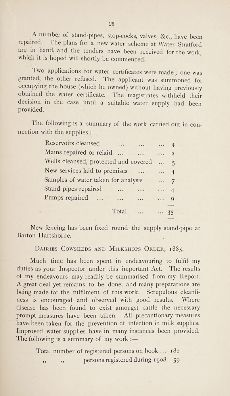 A number of stand-pipes, stop-cocks, valves, &c., have been repaired. The plans for a new water scheme at Water Stratford are in hand, and the tenders have been received for the work, which it is hoped will shortly be commenced. Two applications for water certificates were made; one was granted, the other refused. The applicant was summoned for occupying the house (which he owned) without having previously obtained the water certificate. The magistrates withheld their decision in the case until a suitable water supply had been provided. 1 he following is a summary of the work carried out in con- nection with the supplies :— Reservoirs cleansed ... ... ... 4 Mains repaired or relaid ... ... ... 2 Wells cleansed, protected and covered ... 5 New services laid to premises ... ... 4 Samples of water taken for analysis ... 7 Stand pipes repaired ... ... ... 4 Pumps repaired ... ... ... ... 9 Total ... ... 35 New fencing has been fixed round the supply stand-pipe at Barton Hartshorne. Dairies Cowsheds and Milkshops Order, 1885. Much time has been spent in endeavouring to fulfil my duties as your Inspector under this important Act. The results of my endeavours may readily be summarised from my Report. A great deal yet remains to be done, and many preparations are being made for the fulfilment of this work. Scrupulous cleanli- ness is encouraged and observed with good results. Where disease has been found to exist amougst cattle the necessary prompt measures have been taken. All precautionary measures have been taken for the prevention of infection in milk supplies. Improved water supplies have in many instances been provided. The following is a summary of my work :— Total number of registered persons on book ... 182 ,, „ persons registered during 1908 59