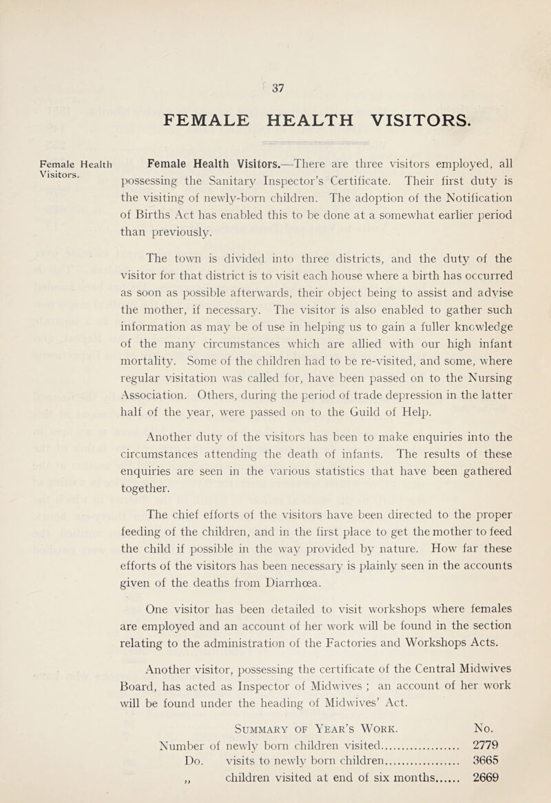 Female Health Visitors. FEMALE HEALTH VISITORS. Female Health Visitors.—There are three visitors employed, all possessing the Sanitary Inspector’s Certificate. Their first duty is the visiting of newly-born children. The adoption of the Notification of Births Act has enabled this to be done at a somewhat earlier period than previously. The town is divided into three districts, and the duty of the visitor for that district is to visit each house where a birth has occurred as soon as possible afterwards, their object being to assist and advise the mother, if necessary. The visitor is also enabled to gather such information as may be of use in helping us to gain a fuller knowledge of the many circumstances which are allied with our high infant mortality. Some of the children had to be re-visited, and some, where regular visitation was called for, have been passed on to the Nursing Association. Others, during the period of trade depression in the latter half of the year, were passed on to the Guild of Help. Another duty of the visitors has been to make enquiries into the circumstances attending the death of infants. The results of these enquiries are seen in the various statistics that have been gathered together. The chief efforts of the visitors have been directed to the proper feeding of the children, and in the first place to get the mother to feed the child if possible in the way provided by nature. How far these efforts of the visitors has been necessary is plainly seen in the accounts given of the deaths from Diarrhoea. One visitor has been detailed to visit workshops where females are employed and an account of her work will be found in the section relating to the administration of the Factories and Workshops Acts. Another visitor, possessing the certificate of the Central Midwives Board, has acted as Inspector of Midwives ; an account of her work will be found under the heading of Midwives’ Act. Summary of Year’s Work. No. Number of newly born children visited 2779 Do. visits to newly born children 3665 ,, children visited at end of six months 2669