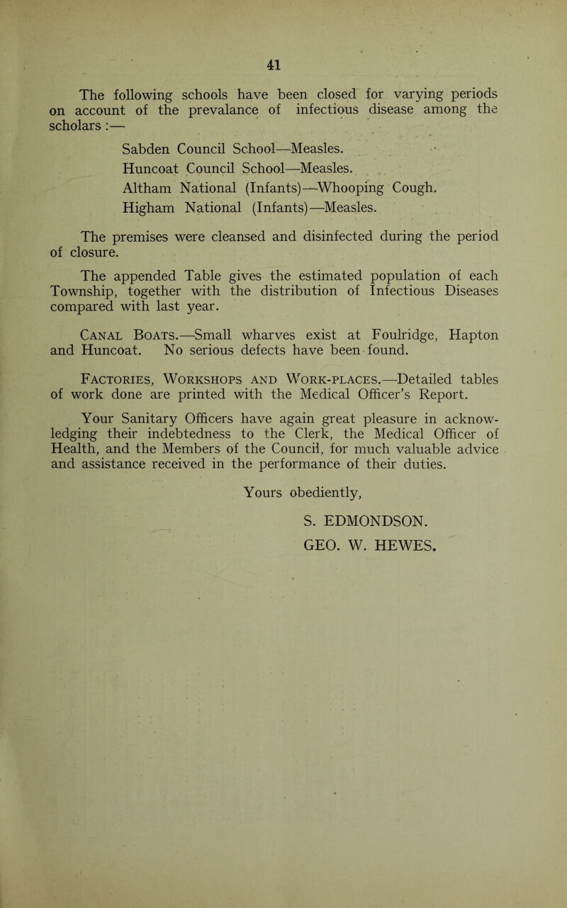 The following schools have been closed for varying periods on account of the prevalance of infectious disease among the scholars:— Sabden Council School—Measles. Huncoat Council School—^Measles. Altham National (Infants)—Whooping Cough. Higham National (Infants)—Measles. The premises were cleansed and disinfected during the period of closure. The appended Table gives the estimated population of each Township, together with the distribution of Infectious Diseases compared with last year. Canal Boats.—Small wharves exist at Foulridge, Hapton and Huncoat. No serious defects have been found. Factories, Workshops and Work-places.—Detailed tables of work done are printed with the Medical Officer’s Report. Your Sanitary Officers have again great pleasure in acknow- ledging their indebtedness to the Clerk, the Medical Officer of Health, and the Members of the Council, for much valuable advice and assistance received in the performance of their duties. Yours obediently. S. EDMONDSON. GEO. W. HEWES.