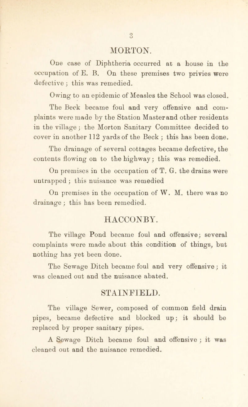 MORTON. One case of Diphtheria occurred at a house in the occupation of E. B. On these premises two privies were defective ; this was remedied. Owing to an epidemic of Measles the School was closed. The Beck became foul and very offensive and com- plaints were made by the Station Master and other residents in the village; the Morton Sanitary Committee decided to cover in another 112 yards of the Beck ; this has been done. The drainage of several cottages became defective, the contents flowing on to the highway; this was remedied. On premises in the occupation of T. G. the drains were untrapped ; this nuisance was remedied On premises in the occupation of W. M. there was no drainage; this has been remedied. HACOONBY. The village Pond became foul and offensive; several complaints were made about this condition of things, but nothing has yet been done. The Sewage Ditch became foul and very offensive; it was cleaned out and the nuisance abated. STAINFIELI). The village Sewer, composed of common field drain pipes, became defective and blocked up; it should be replaced by proper sanitary pipes. A Sewage Ditch became foul and offensive ; it was cleaned out and the nuisance remedied.