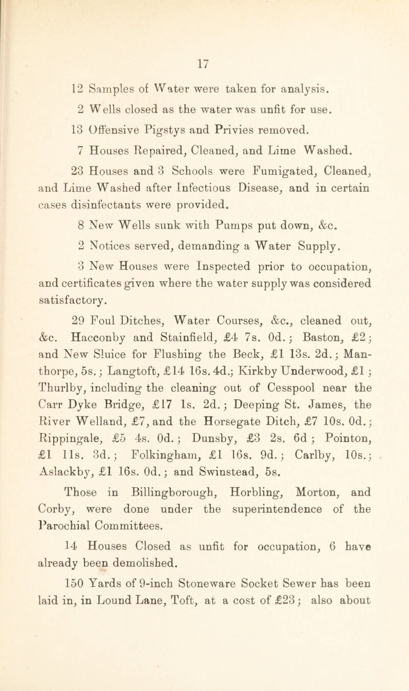 12 Samples of Water were taken for analysis. 2 Wells closed as the water was unfit for use. 13 Offensive Pigstys and Privies removed. 7 Houses Repaired, Cleaned, and Lime Washed. 23 Houses and 3 Schools were Fumigated, Cleaned, and Lime Washed after Infectious Disease, and in certain cases disinfectants were provided. 8 New Wells sunk with Pumps put down, &c. 2 Notices served, demanding a Water Supply. 3 New Houses were Inspected prior to occupation, and certificates given where the water supply was considered satisfactory. 29 Foul Ditches, Water Courses, &c., cleaned out, &c. Hacconby and Stainfield, £4 7s. Od.; Baston, £2; and New Sluice for Flushing the Beck, £1 13s. 2d.; Man- thorpe, 5s.; Langtoft, £14 16s, 4d.; Kirkby Underwood, £1 ; Thurlby, including the cleaning out of Cesspool near the Carr Dyke Bridge, £17 Is. 2d.; Deeping St. James, the River Welland, £7, and the Horsegate Ditch, £7 10s. Od.; Rippingale, £5 4s. Od. ; Dunsby, £3 2s. 6d ; Pointon, £1 11s. 3d.; Folkingham, £1 16s. 9d. ; Carlby, 10s.; Aslackby, £1 16s. Od.; and Swinstead, 5s. Those in Billingborough, Horbling, Morton, and Corby, were done under the superintendence of the Parochial Committees. 14 Houses Closed as unfit for occupation, 6 have already been demolished. 150 Yards of 9-inch Stoneware Socket Sewer has been laid in, in Lound Lane, Toft, at a cost of £23; also about