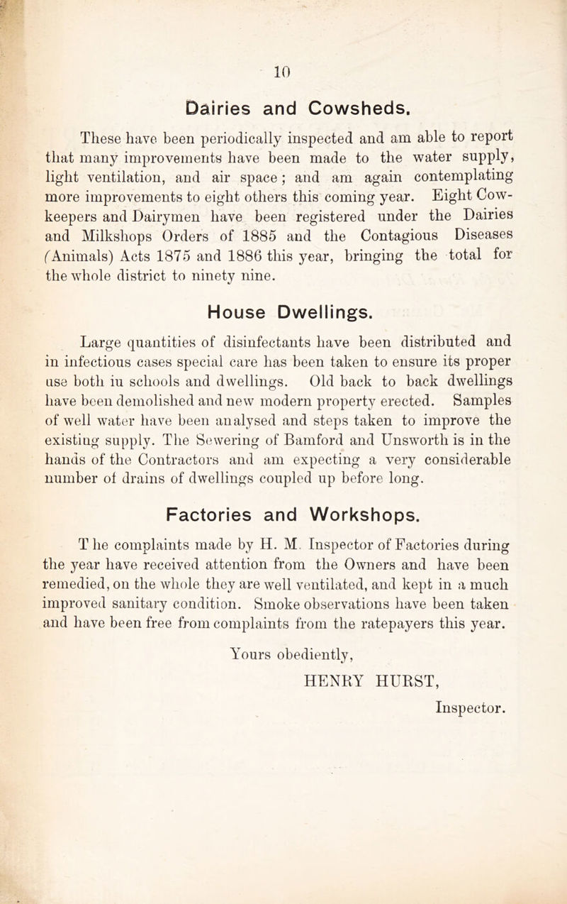 Dairies and Cowsheds. These have been periodically inspected and am able to report that many improvements have been made to the water supply, light ventilation, and air space; and am again contemplating more improvements to eight others this coming year. Eight Cow- keepers and Dairymen have been registered under the Dairies and Milkshops Orders of 1885 and the Contagious Diseases f Animals) Acts 1875 and 1886 this year, bringing the total for the whole district to ninety nine. House Dwellings. Large quantities of disinfectants have been distributed and in infectious cases special care has been taken to ensure its proper use both iu schools and dwellings. Old back to back dwellings have been demolished and new modern property erected. Samples of well water have been analysed and steps taken to improve the existing supply. The Sewering of Bamford and Unsworth is in the hands of the Contractors and am expecting a very considerable number of drains of dwellings coupled up before long. Factories and Workshops. The complaints made by H. M. Inspector of Factories during the year have received attention from the Owners and have been remedied, on the whole they are well ventilated, and kept in a much improved sanitary condition. Smoke observations have been taken and have been free from complaints from the ratepayers this year. Amours obediently, HENRY HURST, Inspector.