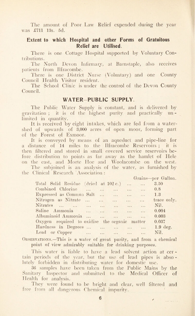 The amount of Poor Law Relief expended during the year was £711 13s. 5d. Extent to which Hospital and other Forms of Gratuitous Relief are Utilised. There is one Cottage Hospital supported by Voluntary Con- tributions. The North Devon Infirmary, at Barnstaple, also receives patients from Ilfracombe. There is one District Nurse (Voluntary) and one County Council Health Visitor resident. The School Clinic is under the control of the Devon County Council. WATER-PUBLIC SUPPLY. The Public Water Supply is constant, and is delivered by gravitation ; it is of the highest purity and practically un - limited in quantity. It is received by eight intakes, which are fed from a water- shed of upwards of 3,000 acres of open moor, forming part of the Forest of Exmoor. It is conveyed by means of an aqueduct and pipe-line for a distance of 14 miles to the Ilfracombe Reservoirs ; it is then filtered and stored in small covered service reservoirs be- fore distribution to points as far away as the hamlet of Iiele on the east, and Morte Hoe and Woolacombe on the west. The subjoined is an analysis of the water, as furnished by the Clinical Research 'Association : Grains—per Gallon. Total Solid Residue (dried at 102 c.) ... 3.50 Combined Chlorine ... ... • » . ... 0.8 Expressed as Common Salt ... ... » « » ... 1.3 Nitrogen as Nitrate ... . , ... • . . . . « trace only. Nitrates ... ... .. • ... Nil. Saline Ammonia ... ... . . • ... 0.004 Albuminoid Ammonia ... ... ... . . • ... 0.003 Oxygen required to oxidise the organic matter 0.037 Hardness in Degrees ... ... ... .. . ... 1.9 deg. Lead or Copper ... . Nil. Observations.—This is a water of great purity, and from a chemical point of view admirably suitable for drinking purposes. This water is liable to have a lead solvent action at cer - tain periods of the year, but the use of lead pipes is abso - Intelv forbidden in distributing water for domestic use. 3G samples have been taken from the Public Mains by the Sanitary Inspector and submitted to the Medical Officer of Health for analysis. They were found to be bright and clear, well filtered and free from all dangerous Chemical impurity.