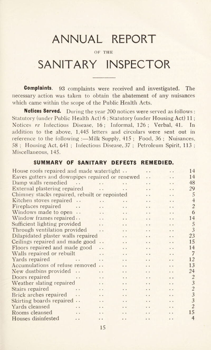 ANNUAL REPORT OF THE SANITARY INSPECTOR Complaints 93 complaints were received and investigated. The necessary action was taken to obtain the abatement of any nuisances which came within the scope of the Public Health Acts. Notices Served. During the year 200 notices were served as follows : Statutory (under Public Health Act) 6 ; Statutory (under Housing Act) 11 ; Notices re Infectious Disease, 16; Informal, 126; Verbal, 41. In addition to the above, 1,445 letters and circulars were sent out in reference to the following Milk Supply, 415 ; Food, 36 ; Nuisances, 58 ; Housing Act, 641 ; Infectious Disease, 37 ; Petroleum Spirit, 113 ; Miscellaneous, 145. SUMMARY OF SANITARY DEFECTS REMEDIED, House roofs repaired and made watertight . . • • • . 14 Eaves gutters and downpipes repaired or renewed . . • • 14 Damp walls remedied . . . . . . . . . . 48 External plastering repaired . . . • . . . • 29 Chimney stacks repaired, rebuilt or repointed • . • • 5 Kitchen stoves repaired . . . . . . . . . . 4 Fireplaces repaired •. . . . . . . . . 2 Windows made to open . . . . . . . . . . 6 Window frames repaired. . . . .. . . .. 14 Sufficient lighting provided .. .. .. .. 5 Through ventilation provided . . .. . . .. 3 Dilapidated plaster walls repaired . . . • .. 23 Ceilings repaired and made good . . . . . • . . 15 Floors repaired and made good . • . • • • .. 14 Walls repaired or rebuilt . . . • • . .. 7 Yards repaired .. . . . . . . .. 12 Accumulations of refuse removed . • .. . . • • 13 New dustbins provided . • . . .. .. . . 24 Doors repaired . . • . . . •. .. 2 Weather slating repaired . . . • • • .. 3 Stairs repaired • • • . • • • • • • 2 Brick arches repaired . . . . .. .. . • 3 Skirting boards repaired . • • • • • .. •. 3 Yards cleansed • • • • •. • • • • 2 Rooms cleansed .. • • • • • • • • 15 Houses disinfested .. • • ♦ • • • • • 4