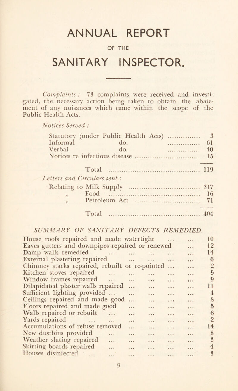 ANNUAL REPORT OF THE SANITARY INSPECTOR. Complaints : 73 complaints were received and investi- gated, the necessary action being taken to obtain the abate- ment of any nuisances which came within the scope of the Public Health Acts. Notices Served : Statutory (under Public Health Acts) 3 Informal do. 61 Verbal do. 40 Notices re infectious disease 15 Total 119 Letters and Circulars sent : Relating to Milk Supply 317 „ Food 16 „ Petroleum Act 71 Total 404 SUMMARY OF SANITARY DEFECTS REMEDIED. House roofs repaired and made watertight ... ... 10 Eaves gutters and downpipes repaired or renewed ... 12 Damp walls remedied ... ... ... ... ... 14 External plastering repaired ... ... ... ... 6 Chimney stacks repaired, rebuilt or re-pointed ... ... 2 Kitchen stoves repaired ... ... ... ... ... 5 Window frames repaired ... ... ... ... ... 9 Dilapidated plaster walls repaired ... ... ... ... 11 Sufficient lighting provided ... ... ... ... ... 4 Ceilings repaired and made good ... ... ... ... 8 Floors repaired and made good ... ... ... ... 5 Walls repaired or rebuilt ... ... ... ... ... 6 Yards repaired ... ... ... ... ... ... 2 Accumulations of refuse removed ... ... ... ... 14 New dustbins provided ... ... ... ... ... 8 Weather slating repaired ... ... ... ... ... 3 Skirting boards repaired ... ... ... ... ... 4 Houses disinfected ... ... ... ... ... ... 3