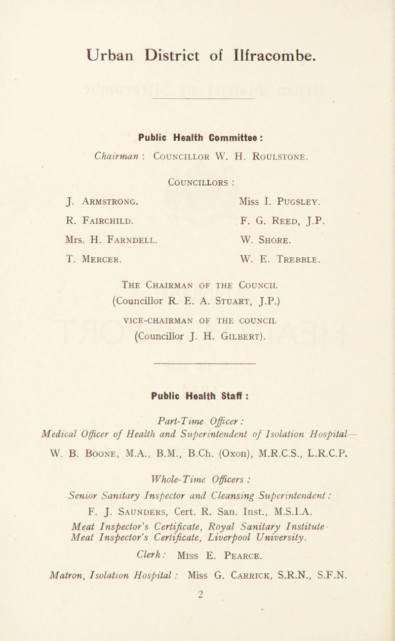 Public Health Committee : Chairman : Councillor W. H. Roulstone. Councillors : J. Armstrong. R. Fairchild. Mrs. H. Farndell. T. Mercer. Miss I. Pugsley. F. G. Reed, J.P. W. Shore. W. E. Trebble. The Chairman of the Council (Councillor R. E. A. Stuart, J.P.) VICE-CHAIRMAN OF THE COUNCIL (Councillor J. H. Gilbert). Public Health Staff: Part-Time Officer: Medical Officer of Health and Superintendent of Isolation Hospital— W. B. Boone, M.A., B.M., B.Ch. (Oxon), M.R.C.S., L.R.C.P, Whole-Time Officers : Senior Sanitary Inspector and Cleansing Superintendent: F. J. Saunders, Cert. R. San. Inst., M.S.I.A. Meat Inspector's Certificate, Royal Sanitary Institute■ Meat Inspector's Certificate, Liverpool University. Clerk: Miss E. Pearce. Matron, Isolation Hospital: Miss G. Carrick, S.R.N., S.F.N.