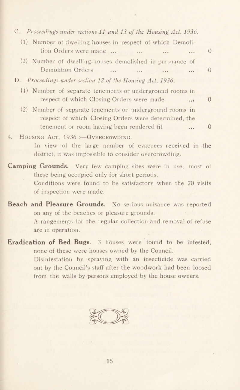 C. Proceedings under sections 11 and 13 of the Housing Act, 1936. (1) Number of dwelling-houses in respect of which Demoli- tion Orders were made ... ... ... ... 0 (2) Number of dwelling-houses demolished in pursuance of Demolition Orders ... ... ... ... 0 D. Proceedings under section 12 of the Housing Act, 1936. (1) Number of separate tenements or underground rooms in respect of which Closing Orders were made 0 (2) Number of separate tenements or underground rooms in respect of which Closing Orders were determined, the tenement or room having been rendered fit ... 0 4. Housing Act, 1936 :—Overcrowding. In view of the large number of evacuees received in the district, it was impossible to consider overcrowding. Camping Grounds. Very few camping sites were in use, most of these being occupied only for short periods. Conditions were found to be satisfactory when the 20 visits of inspection were made. Beach and Pleasure Grounds. No serious nuisance was reported on any of the beaches or pleasure grounds. Arrangements for the regular collection and removal of refuse are in operation. Eradication of Bed Bugs. 3 houses were found to be infested, none of these were houses owned by the Council. Disinfestation by spraying with an insecticide was carried out by the Council’s staff after the woodwork had been loosed from the walls by persons employed by the house owners.