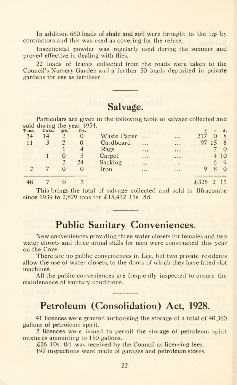 In addition 660 loads of shale and soil were brought to the tip by contractors and this was used as covering for the refuse. Insecticidal powder was regularly used during the summer and proved effective in dealing with flies. 22 loads of leaves collected from the roads were taken to the Council’s Nursery Garden and a further 50 loads deposited in private gardens for use as fertiliser. Salvage. Particulars are given in the following table of salvage collected and sold during the year 1954. Tons. Cwts. qrs. lbs. £ s. d. 34 14 2 0 Waste Paper ... • • • 217 0 8 11 3 2 0 Cardboard • • • 97 15 8 1 4 Rags • • • 7 0 1 0 3 Carpet • • • 4 10 2 24 Sacking * * * 6 Q 2 7 0 0 Iron • • • 9 8 0 48 7 0 3 £325 2 11 This brings the total of salvage collected and sold in Ilfracombe since 1939 to 2,629 tons for £15,432 11s. 8d. Public Sanitary Conveniences. New conveniences providing three water closets for females and two water closets and three urinal stalls for men were constructed this year on the Cove. There are no public conveniences in Lee, but two private residents allow the use of water closets, to the doors of which they have fitted slot machines. All the public conveniences are frequently inspected to ensure the maintenance of sanitary conditions. Petroleum (Consolidation) Act, 1928. 41 licences were granted authorising the storage of a total of 40,360 gallons of petroleum spirit. 2 licences were issued to permit the storage of petroleum spirit mixtures amounting to 150 gallons. £26 10s. Od. was received by the Council as licensing fees. 197 inspections were made of garages and petroleum stores.