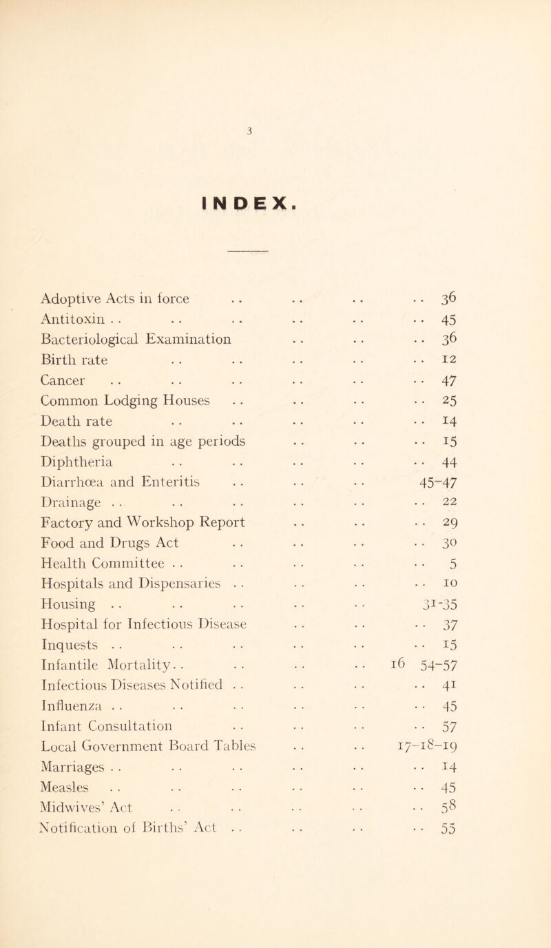 INDEX. Adoptive Acts in force Antitoxin Bacteriological Examination Birth rate Cancer Common Lodging Houses Death rate Deaths grouped in age periods Diphtheria Diarrhoea and Enteritis Drainage Factory and Workshop Report Food and Drugs Act Health Committee Hospitals and Dispensaries . • Housing Hospital for Infectious Disease Inquests Infantile Mortality. . Infectious Diseases Notified . . Influenza Infant Consultation Local Government Board Tables Marriages Measles Midwives’ Act Notification of Births’ Act . . • • 36 • • 45 .. 36 .. 12 • • 47 • • 25 . . 14 • • 15 . . 44 45-47 . . 22 . . 29 . . 30 5 10 3i-35 • • 37 • • 15 16 54-57 .. 41 - • 45 • • 57 17-18-19 .. 14 • • 45 58 • • 55