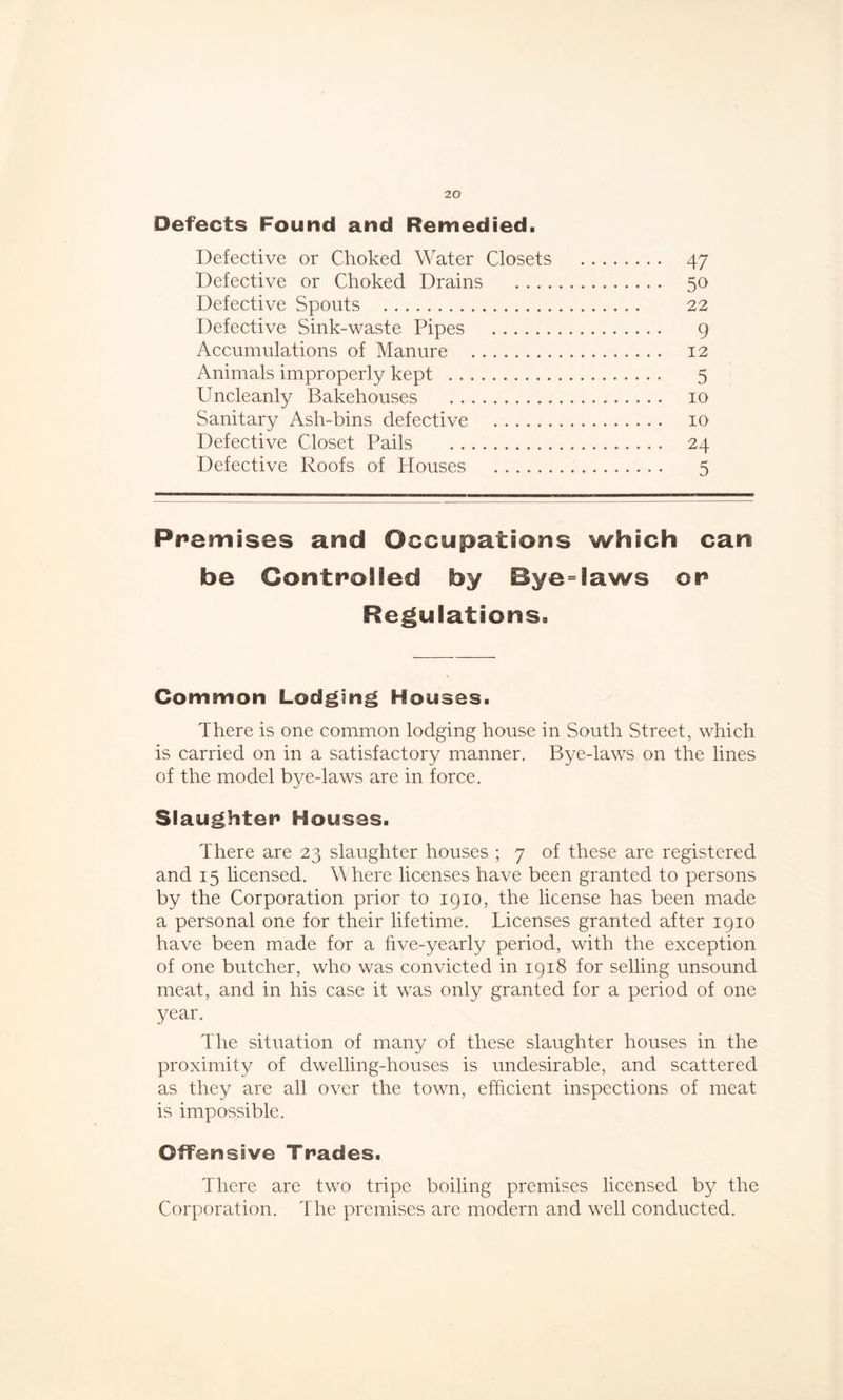 Defects Found and Remedied. Defective or Choked Water Closets 47 Defective or Choked Drains 50 Defective Spouts 22 Defective Sink-waste Pipes 9 Accumulations of Manure 12 Animals improperly kept 5 Uncleanly Bakehouses 10 Sanitary Ash-bins defective 10 Defective Closet Pails 24 Defective Roofs of Houses 5 Premises and Occupations which can be Controlled by Bye=Iaws or Regulations. Common Lodging Houses. There is one common lodging house in South Street, which is carried on in a satisfactory manner. Bye-laws on the lines of the model bye-laws are in force. Slaughter* Houses. There are 23 slaughter houses ; 7 of these are registered and 15 licensed. Where licenses have been granted to persons by the Corporation prior to 1910, the license has been made a personal one for their lifetime. Licenses granted after 1910 have been made for a five-yearly period, with the exception of one butcher, who was convicted in 1918 for selling unsound meat, and in his case it was only granted for a period of one year. The situation of many of these slaughter houses in the proximity of dwelling-houses is undesirable, and scattered as they are all over the town, efficient inspections of meat is impossible. Offensive Trades. There are two tripe boiling premises licensed by the Corporation. The premises are modern and well conducted.